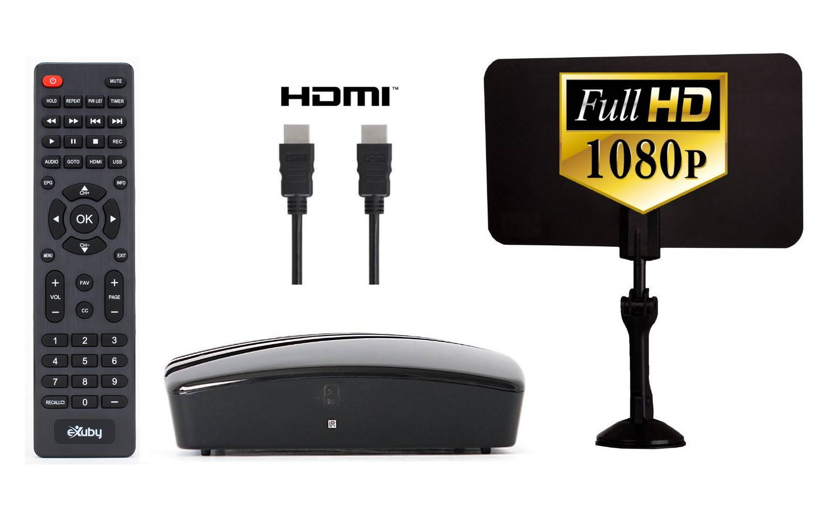 eXuby Digital Converter Box for TV, Antenna, HDMI and RCA Cable - Complete Bundle to View, Record HD Channels for Free (Instant or Scheduled Recording, 1080P HDTV, HDMI Output and 7 Day Program Guide)