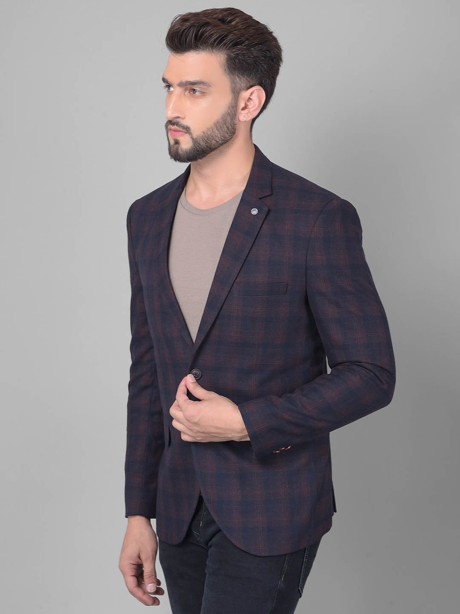 Crimsoune Club Navy Blue Slim Fit Checks Blazer