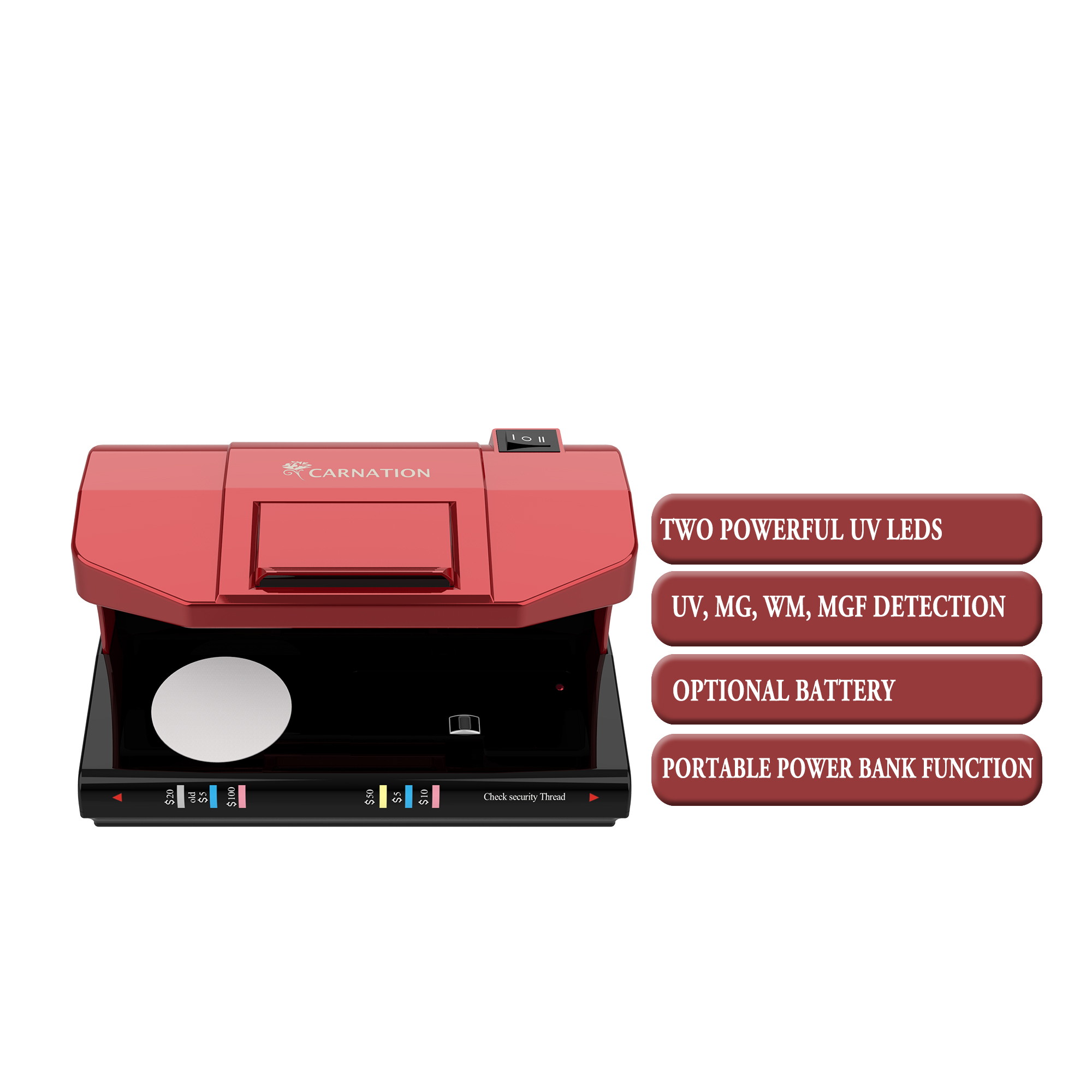 Carnation Bill Detector | Counterfeit Money Checker with Magnetic and UV Detection for US Bills, Euro, and Mexican Peso (109 char.)