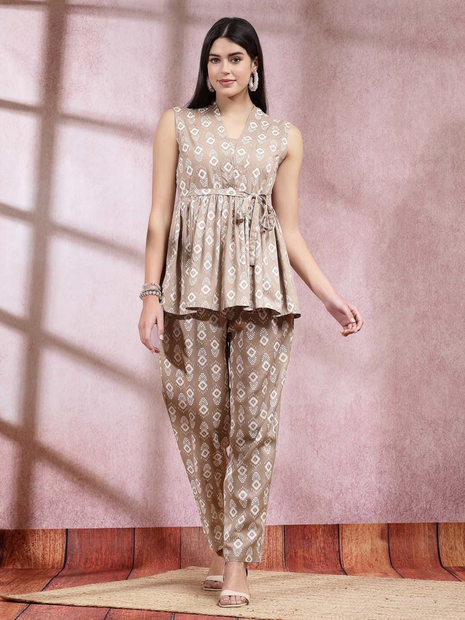 Stylum Beige Printed Kurti Pant Set