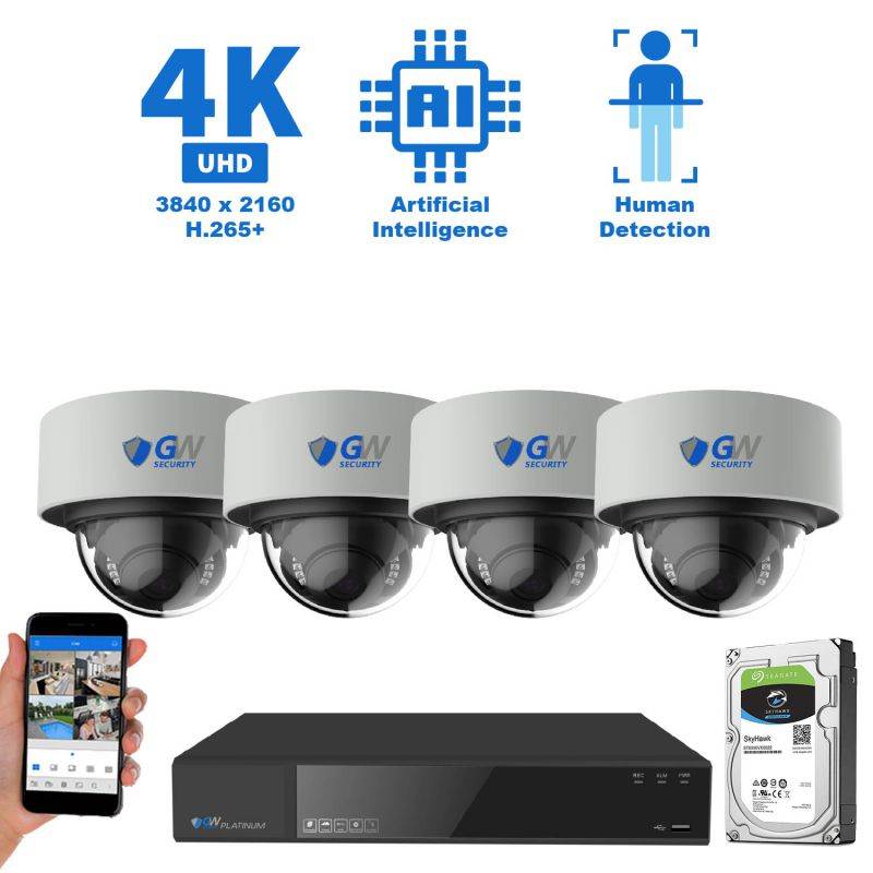 GW Security 8 Channel 4K 8MP (3840&times;2160) H.265+ IP PoE AI Smart NVR Security Camera System with 4 x Outdoor/Indoor 4K Microphone Dome Security Cameras, Human Detection, Starlight Color Night Vision