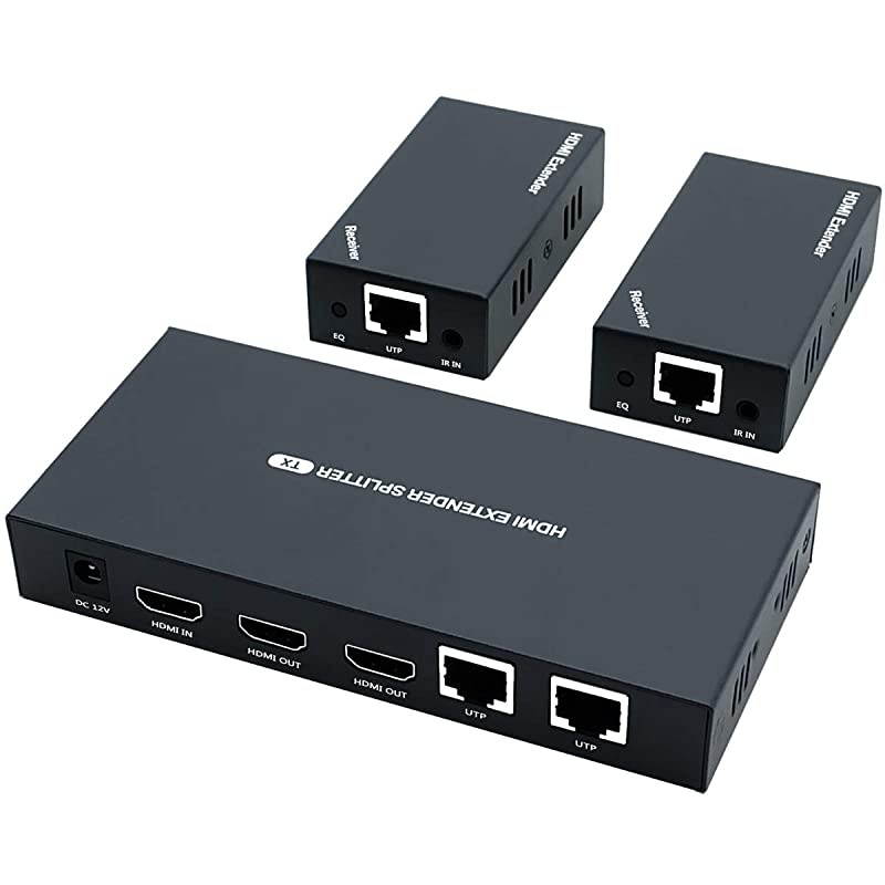 Extender Splitter with IR 1x2 1080P Over Ethernet Cable Cat 5E67 Up to 50m 165ft Support 2 loopout EDID Copy POC Function 1 in 2 Out