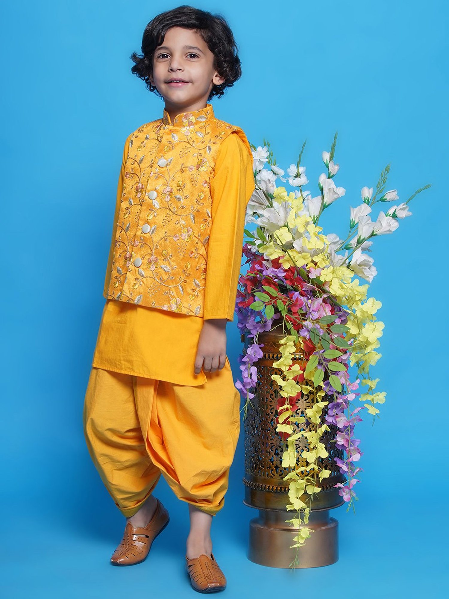 Little Bansi Boys Yellow Embroidered Full Sleeves Kurta, Dhoti with Jacket
