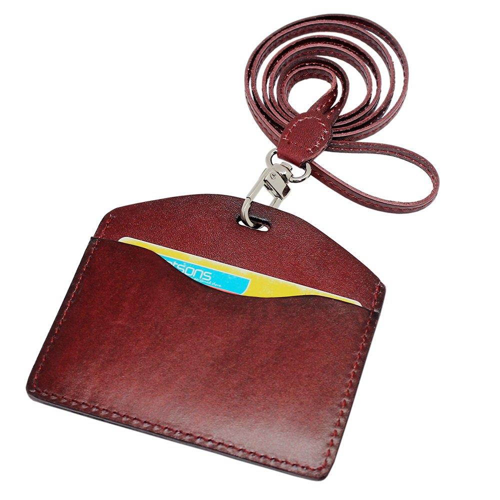 Boshiho Genuine Leather ID Card Badge Holder with Heavy Duty Lanyard Horizontal Style (Brown)