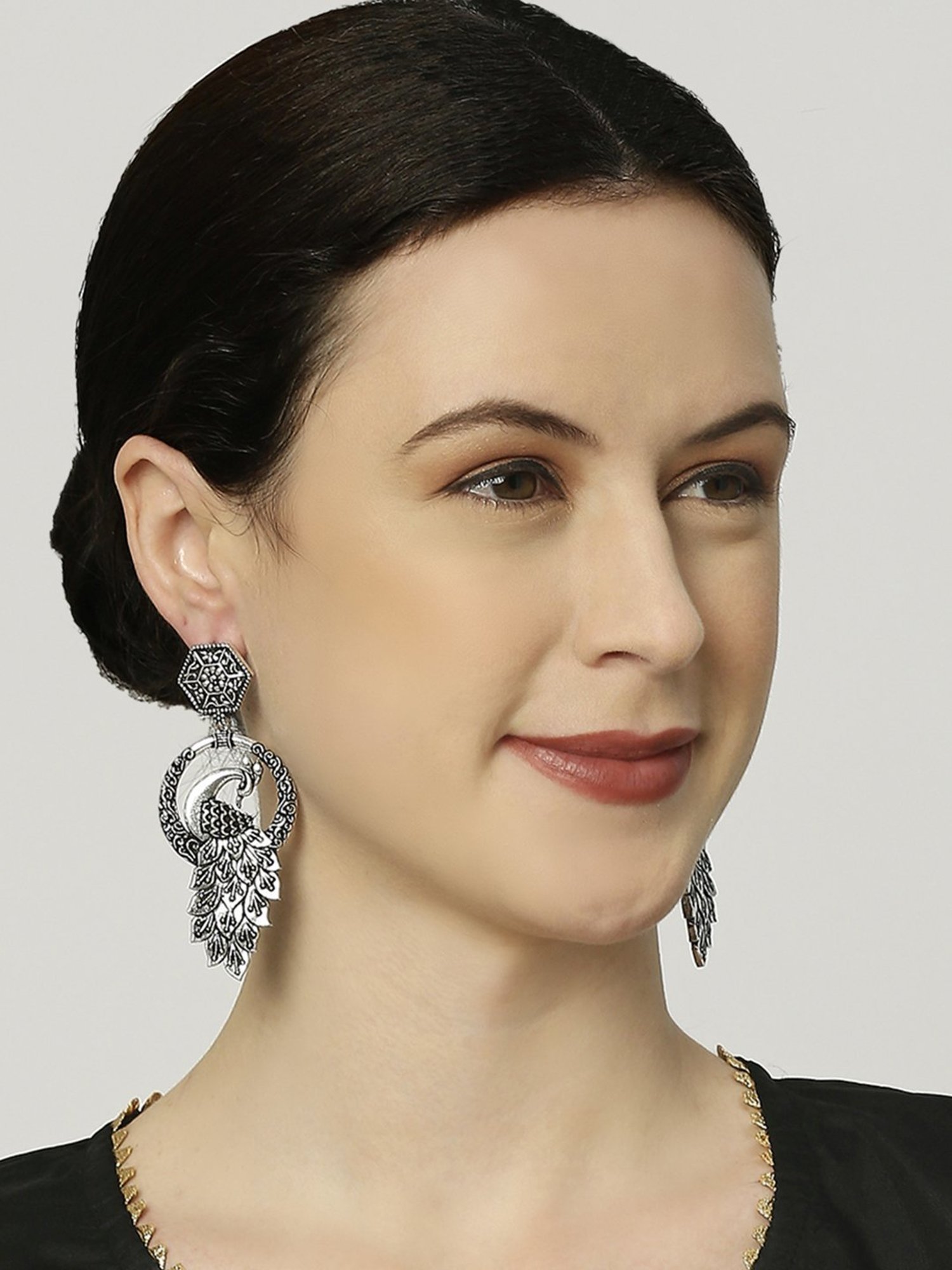 OOMPH Silver Oxidized Silver Look Alike Peacock Shape Ethnic Dangler Earrings