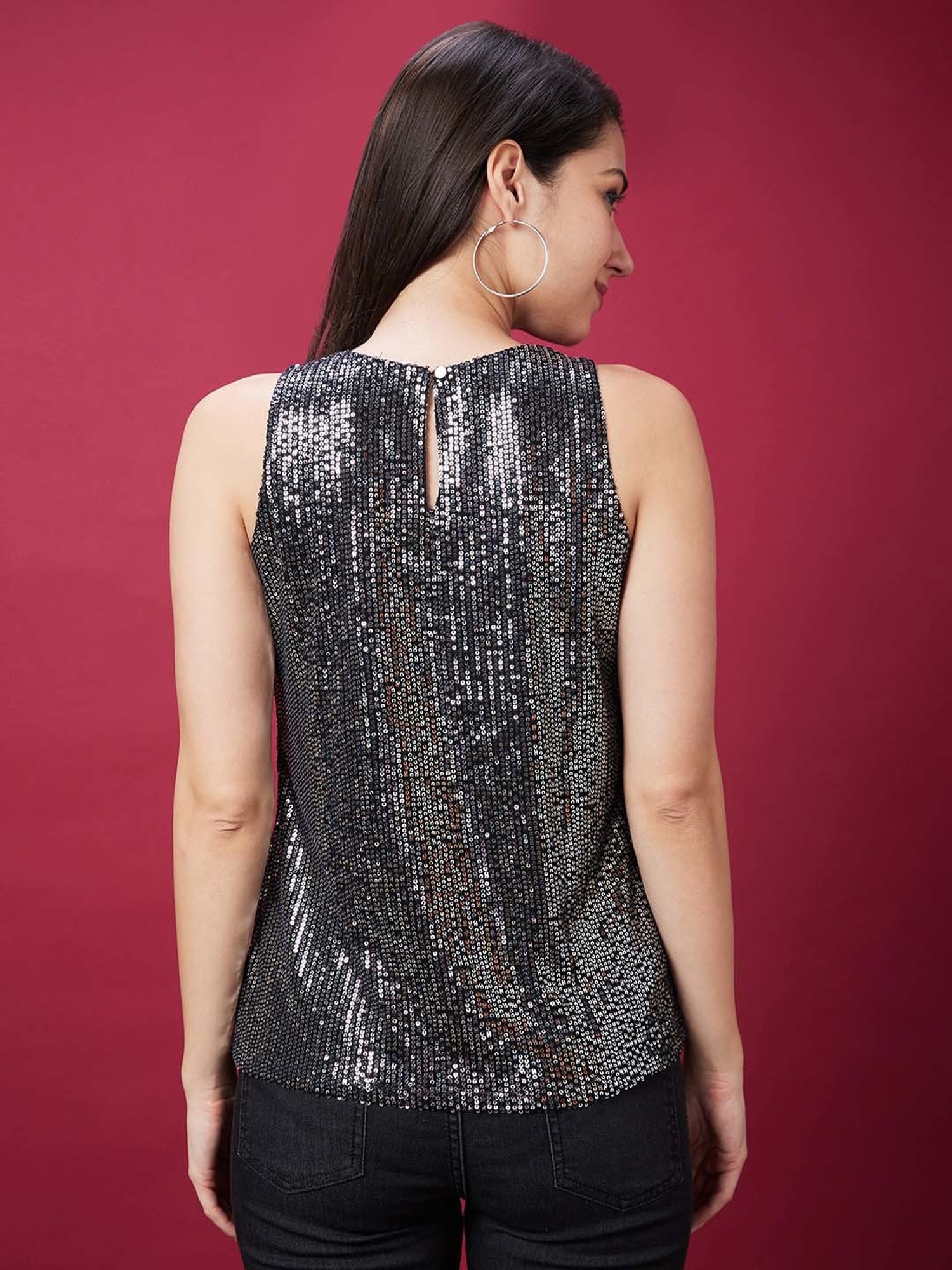 Globus Women Black Knitted Sequinned Stripe Party Top