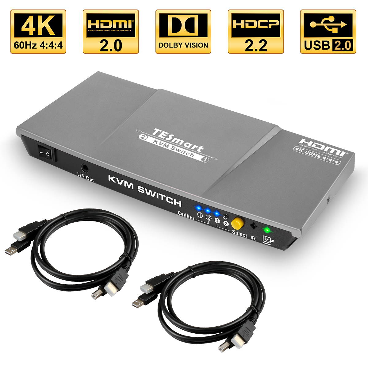 TESmart 2x1 HDMI KVM Switch 4K 3840x2160@60Hz 4:4:4 USB 2.0 2Pcs 5ft KVM Cables Control of 2 Computers/Servers/DVR (BLACK) EU Standard Plug