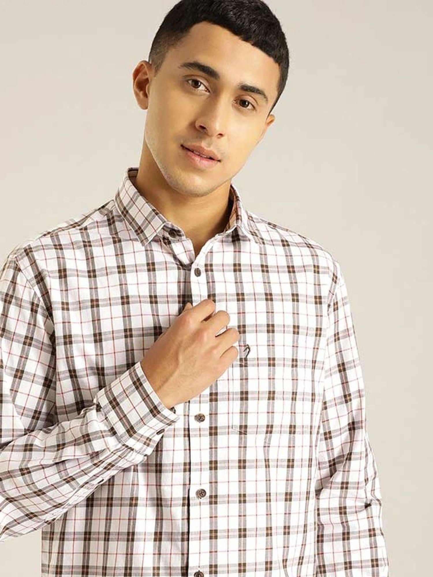 Indian Terrain Ecru Slim Fit Checks Shirt