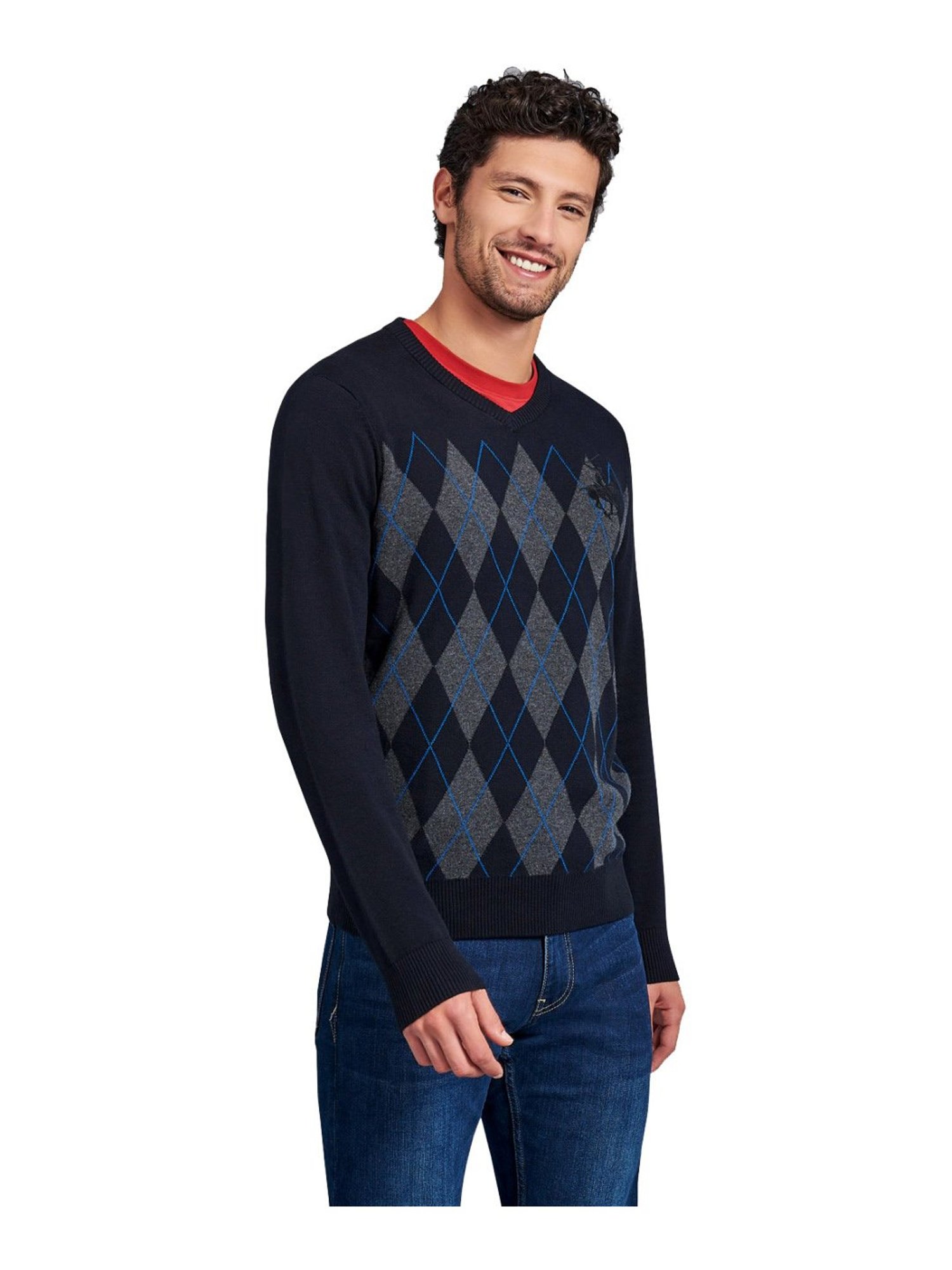 Beverly Hills Polo Club Navy Cotton Regular Fit Argyle Sweater