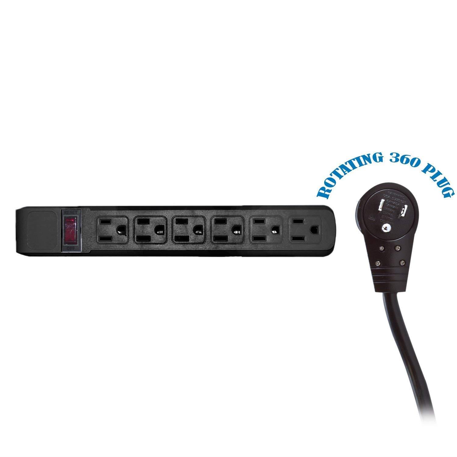 eDragon Surge Protector, Flat Rotating Plug, 6 Outlet, Black Horizontal Outlets, Plastic, Power Cord 25 Feet, Computer Surge Protector, (ED82831)