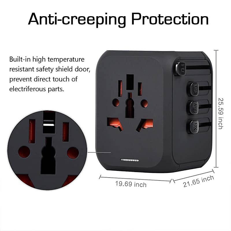 Upgraded Universal Travel Adapter,  All-in-one Worldwide Travel Charger Travel Socket, International Power Adapter with 4 USB Ports, AC Plug for Over 150 Countries, Travel Accessories, Black
