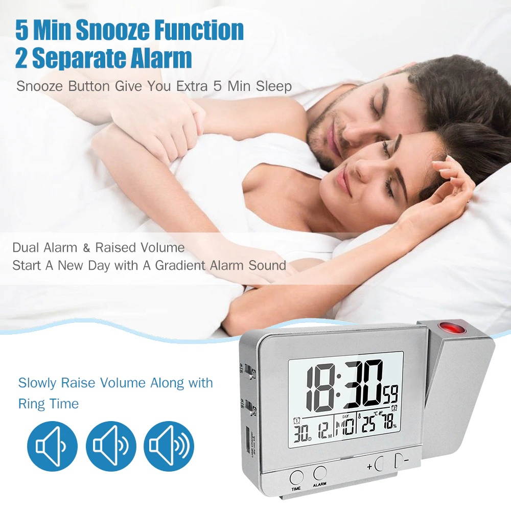 Projection Alarm Clock for Bedroom with Thermometer Hygrometer Digital Project Ceiling Clock Dimmablewith Charger