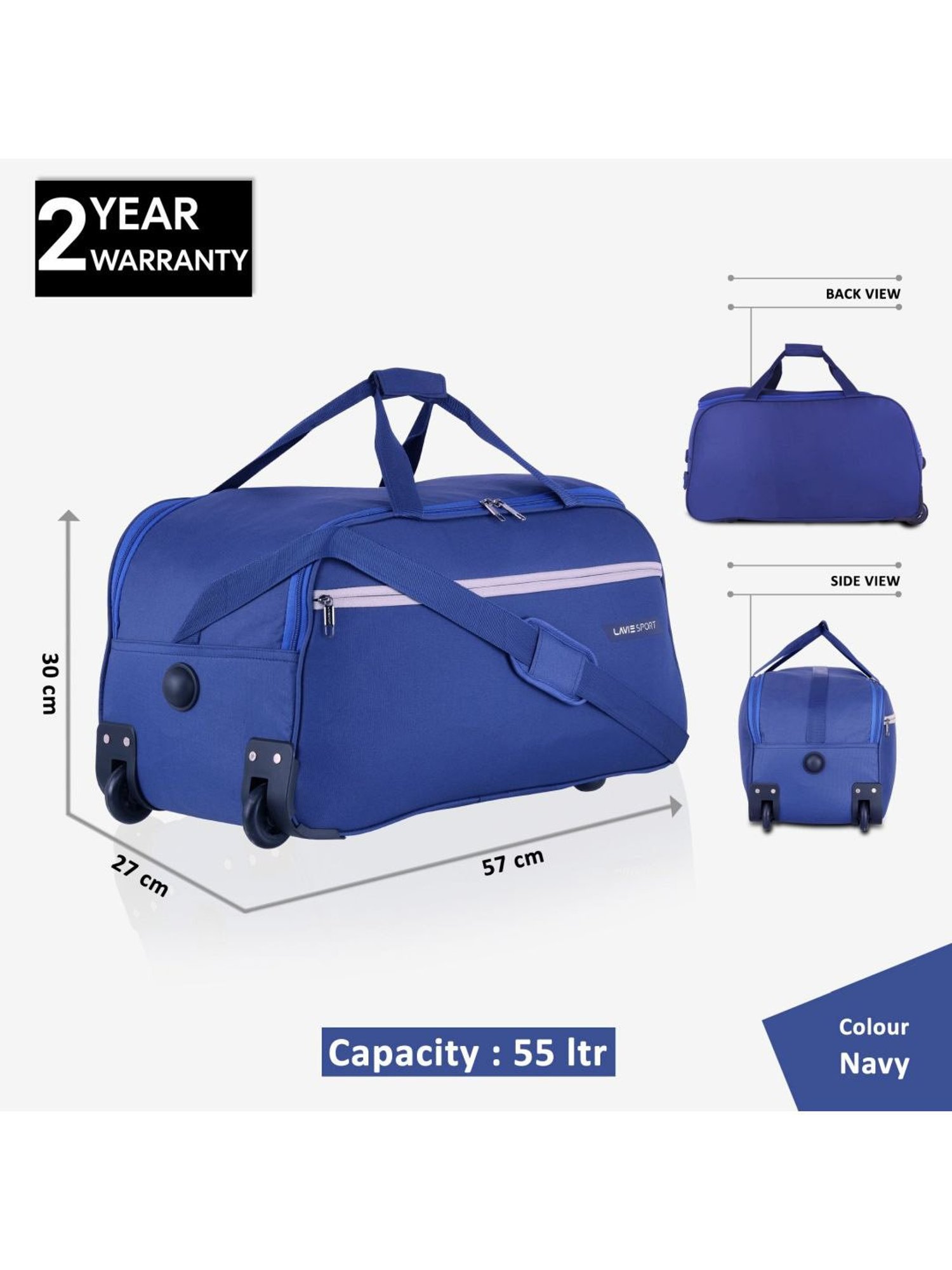 LAVIE SPORT Lino Navy 2 Wheels Medium Duffle Trolley Bag - 57 cm