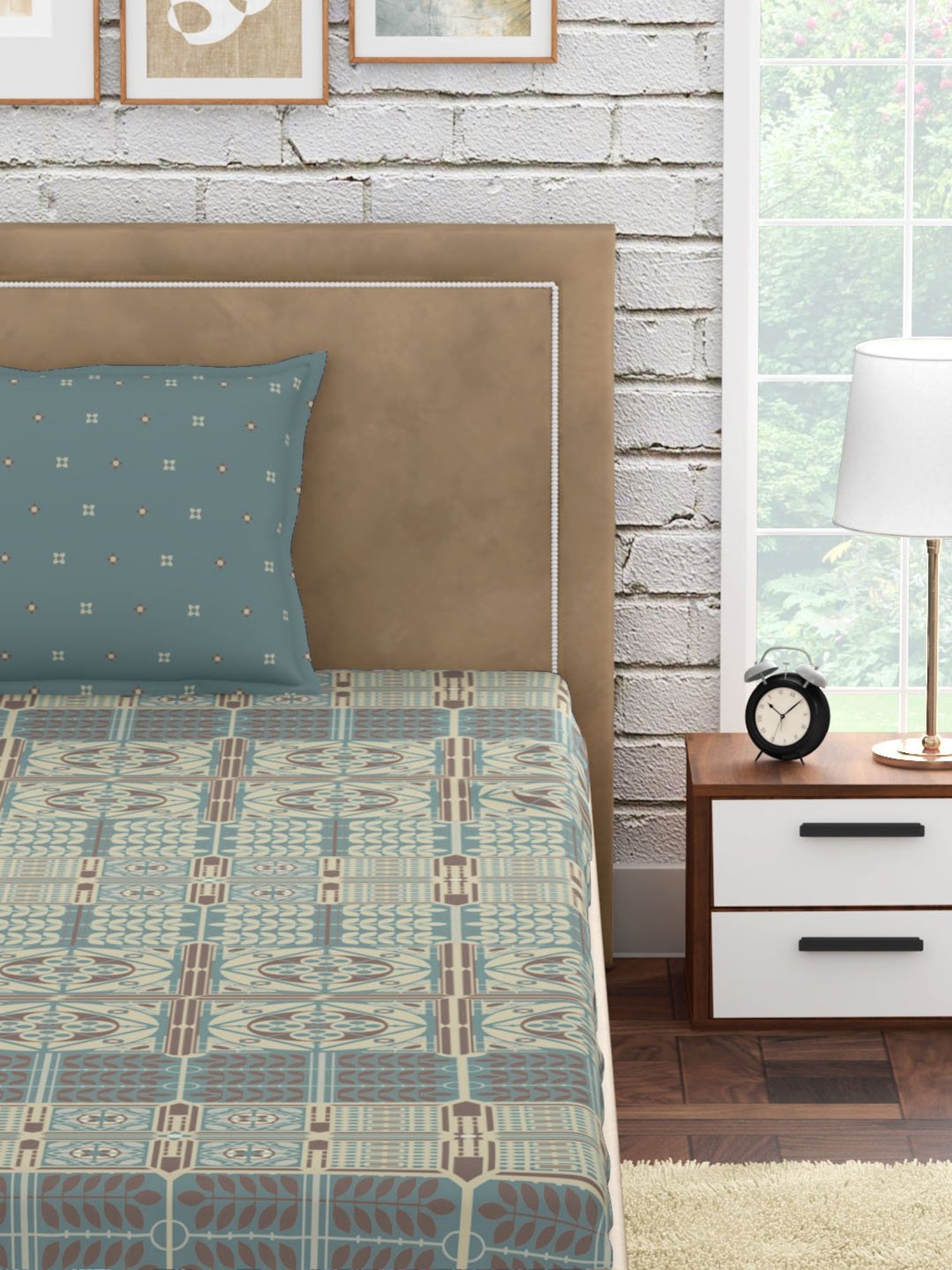 Petal Home Strasbourg Floral Blue 300 TC Cotton Single Bed Sheet with 1 Pillow Cover