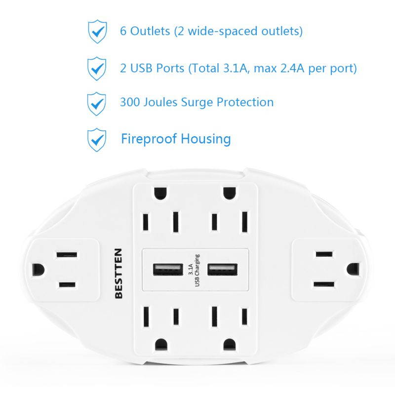 [2 Pack] BESTTEN 6-Outlet Wall Mount Surge Protector with 2 USB Charging Ports (2.4A/Port, 3.1A Shared) and 6 AC Outlets, Wall Tap Adapter Plug Splitter, ETL Certified, White