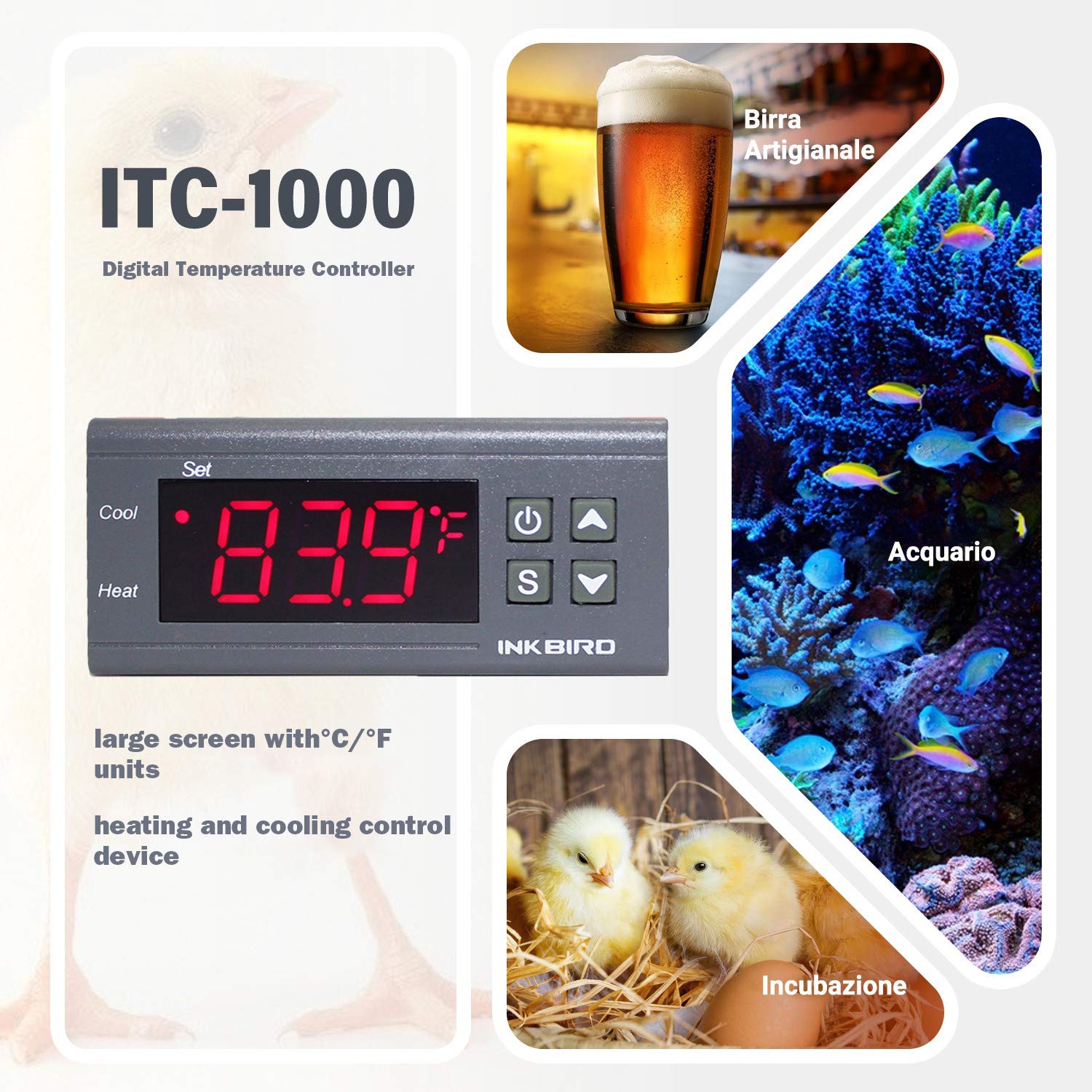 Inkbird 110V All-Purpose Digital Temperature Controller Fahrenheit and Centigrade Thermostat with Sensor 2 Relays ITC-1000 for Refrigerator Fermenter