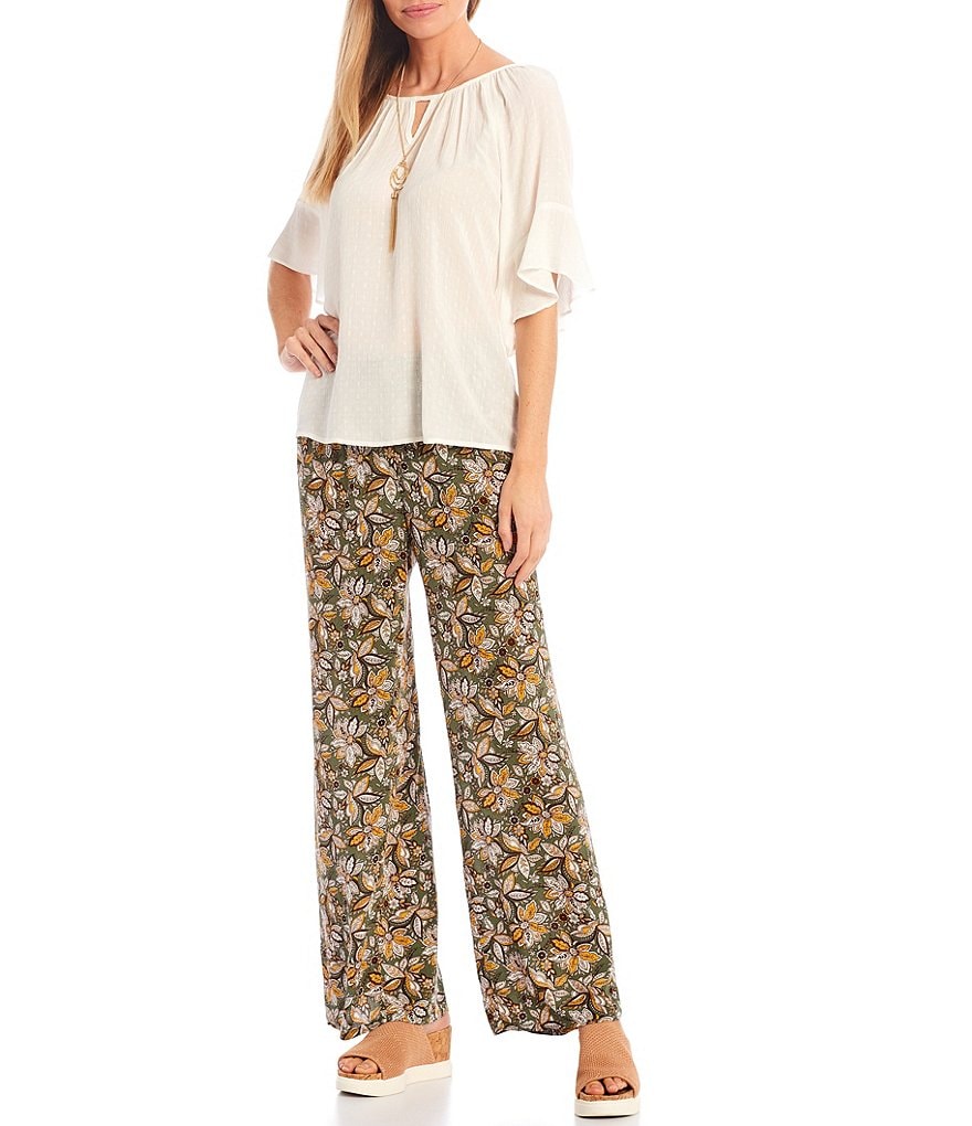 I.N. Studio Floral Print Crepon Pull-On Palazzo Pants