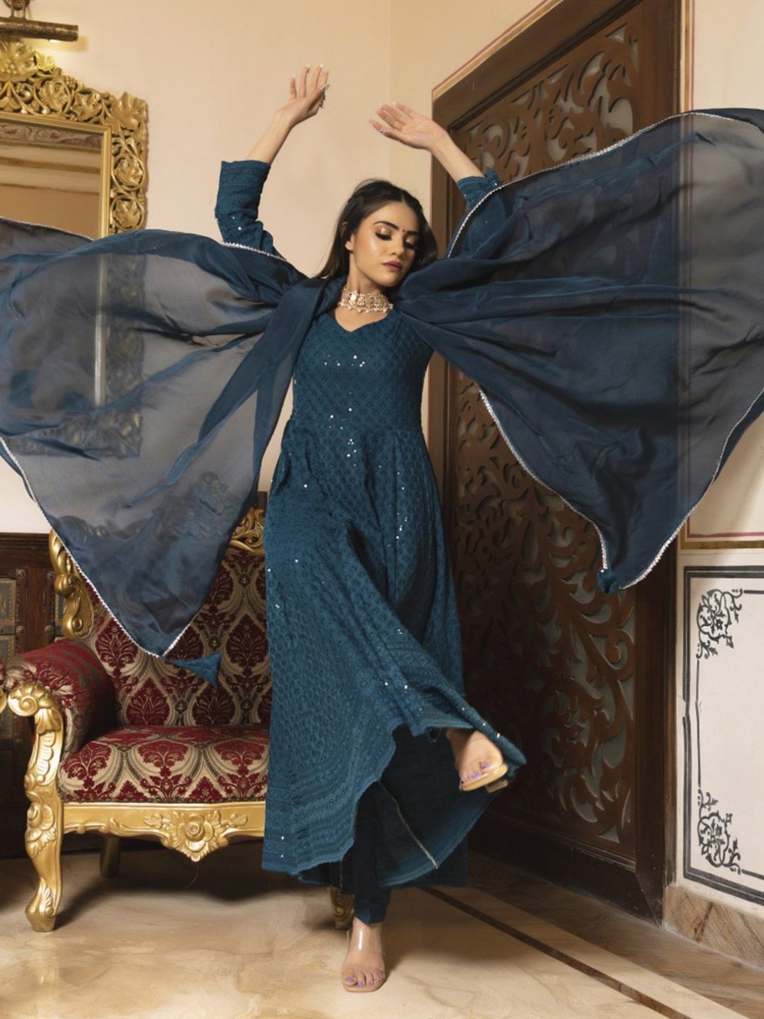 Calmna Blue Sea View Chikankari Anarkali Suit Set