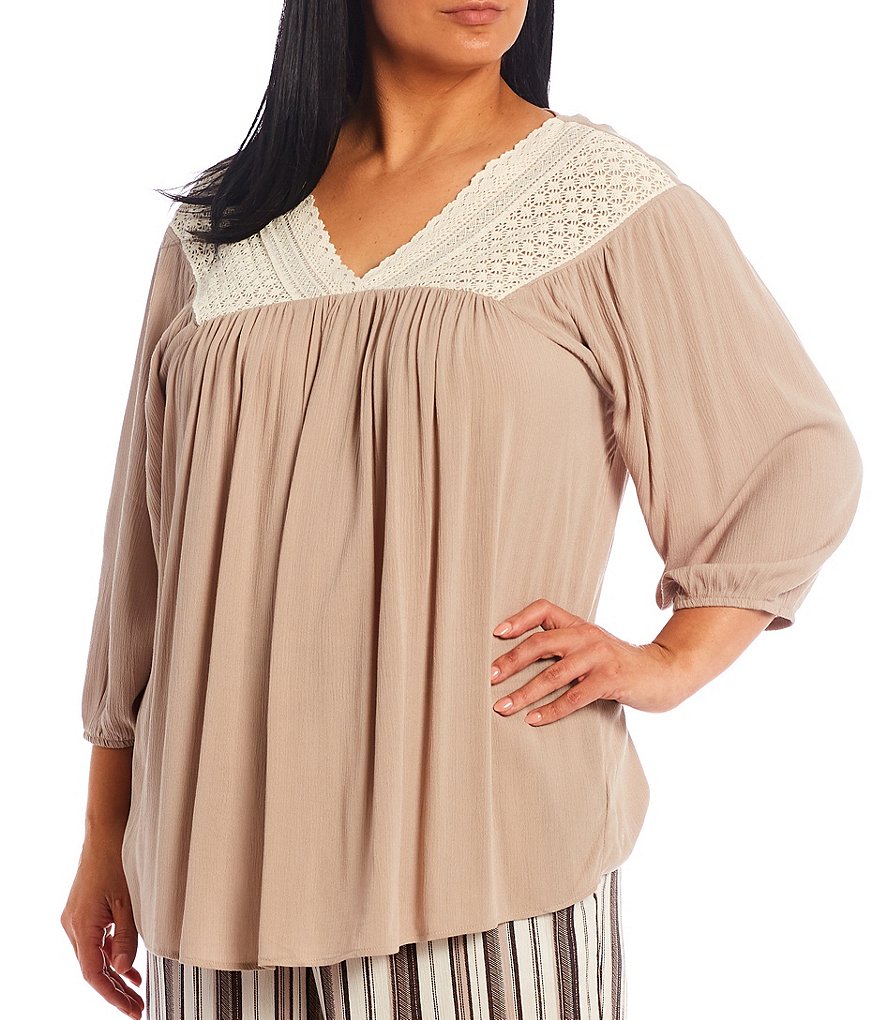 I.N. Studio Plus Size Crepon Lace Trim V-Neck 3/4 Raglan Sleeve Top