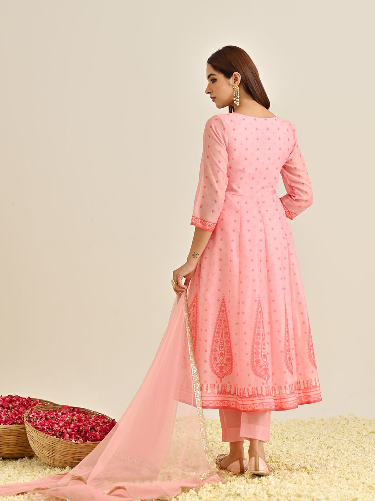 Rustorange Pink Embroidered Kurta With Pant & Dupatta
