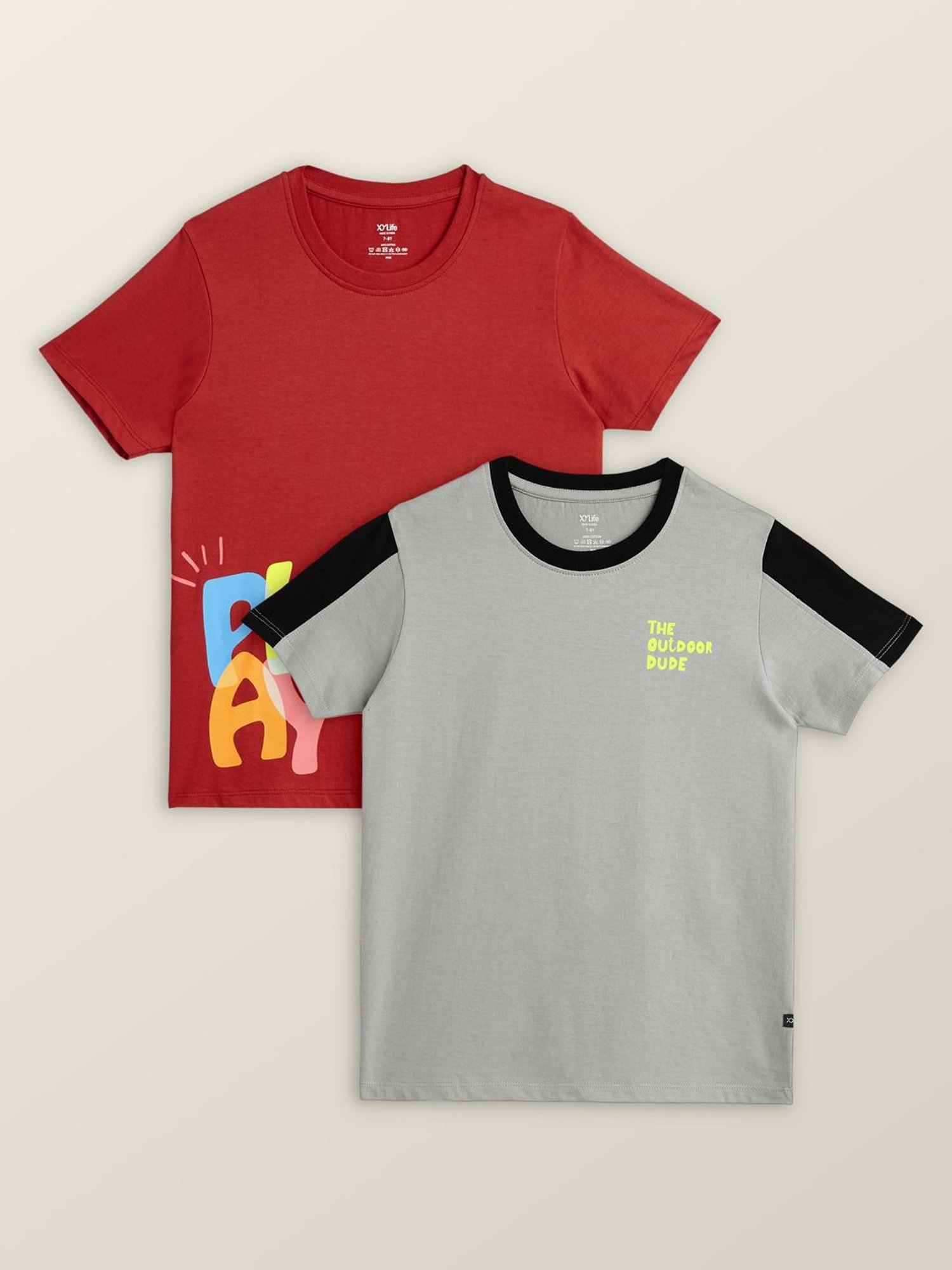 XY Life Boys Red & Grey Cotton Relaxed Fit T-Shirts (Pack of 2)