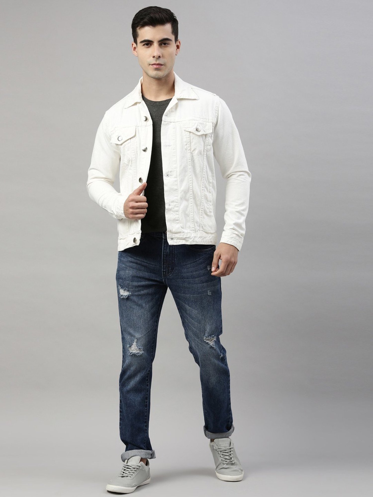 CINOCCI White Cotton Slim Fit Denim Jacket