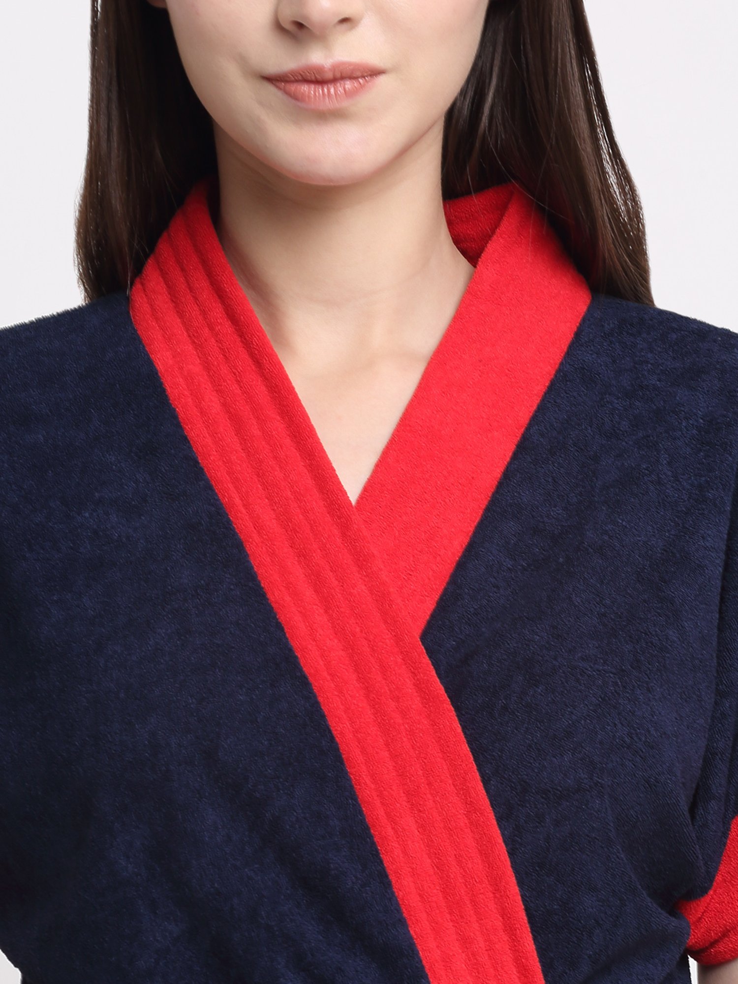 Creeva Everyday Navy & Red 225 GSM Micro Terry Bathrobe with Front Pocket & Kimono Collar