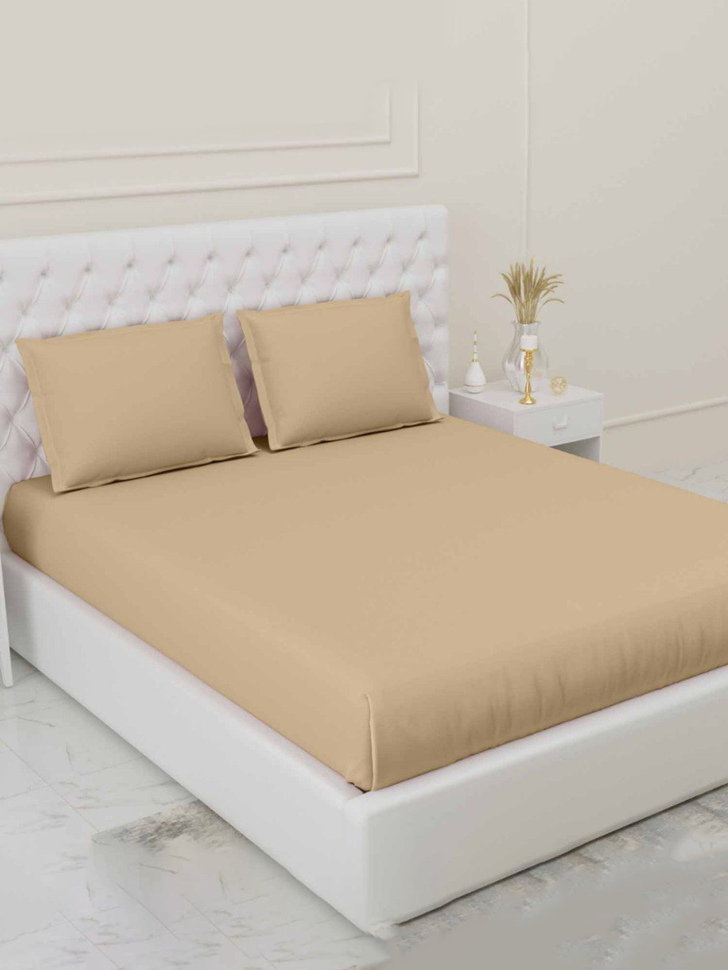 Haus & Kinder Solid Beige 300 TC Cotton Bed Sheet with 2 Pillow Covers