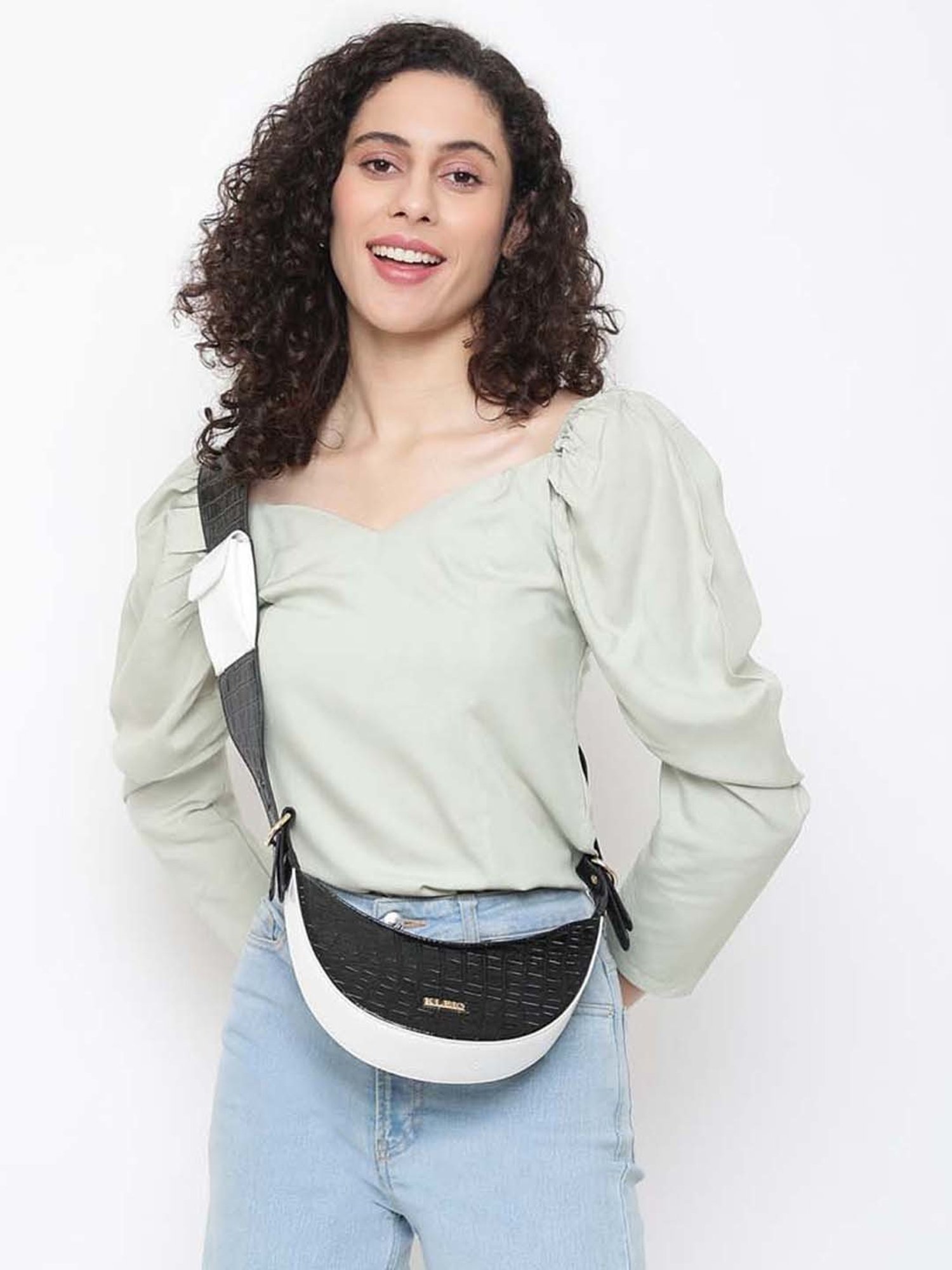 KLEIO Black Textured Medium Sling Handbag