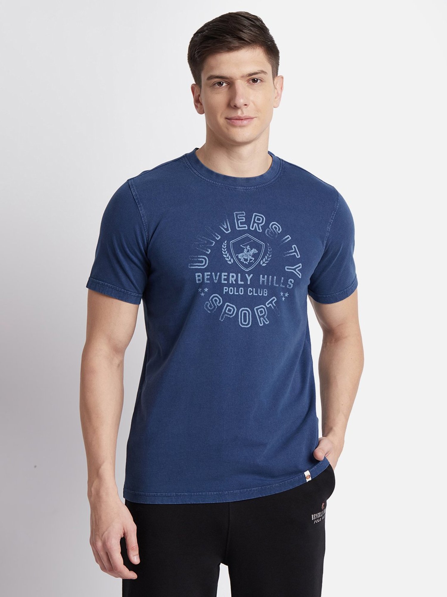 Beverly Hills Polo Club Blue Regular Fit Pure Cotton Crew T-Shirt