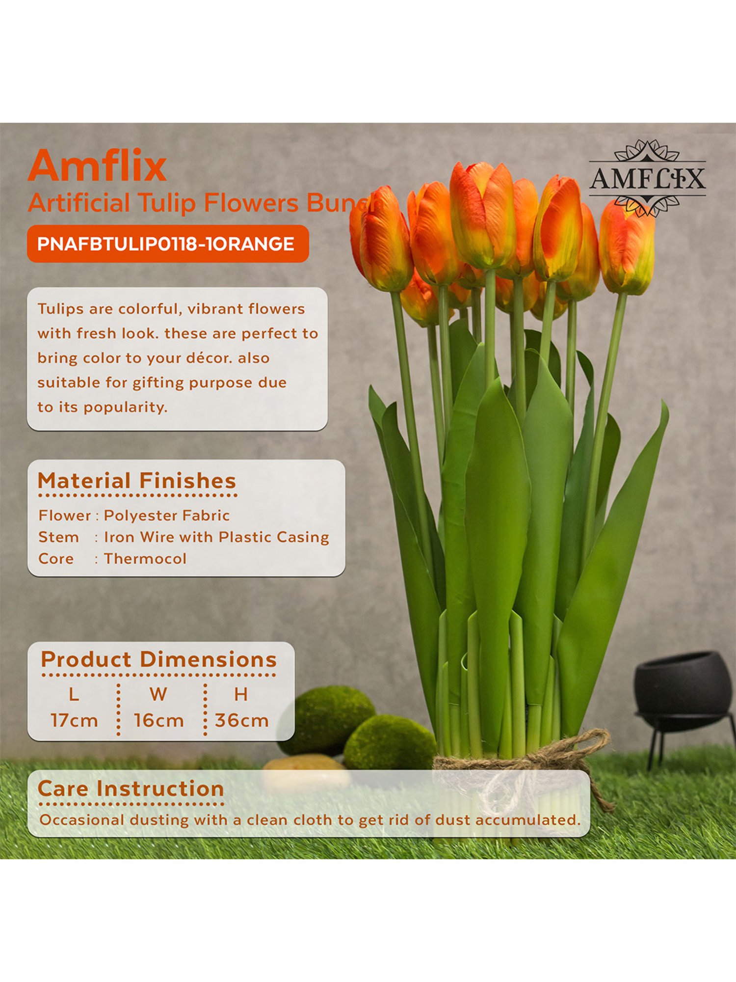 Amflix Orange Artificial Tulip Flowers Bunch