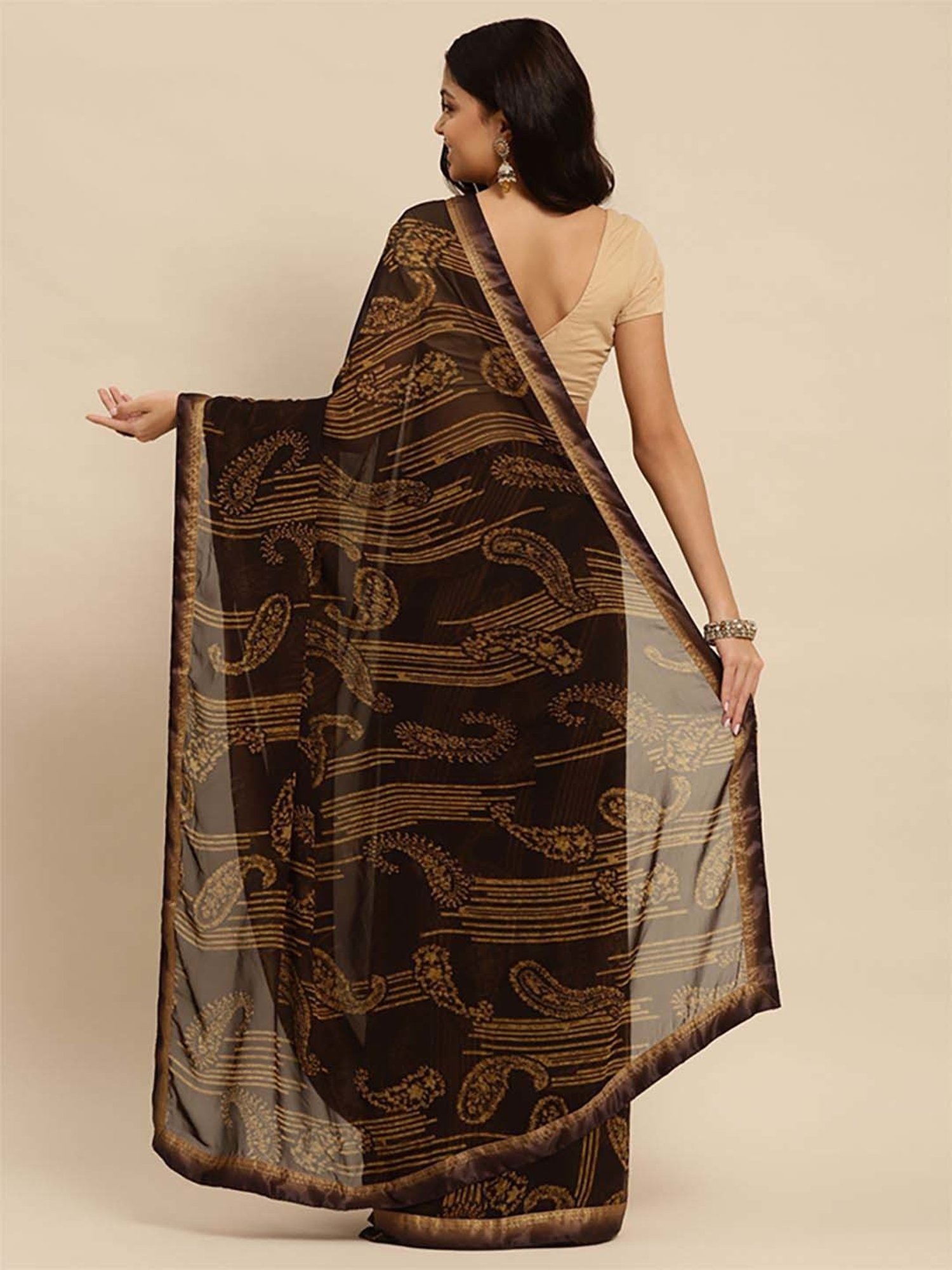Rangita Brown Paisley Print Saree With Unstitched Blouse