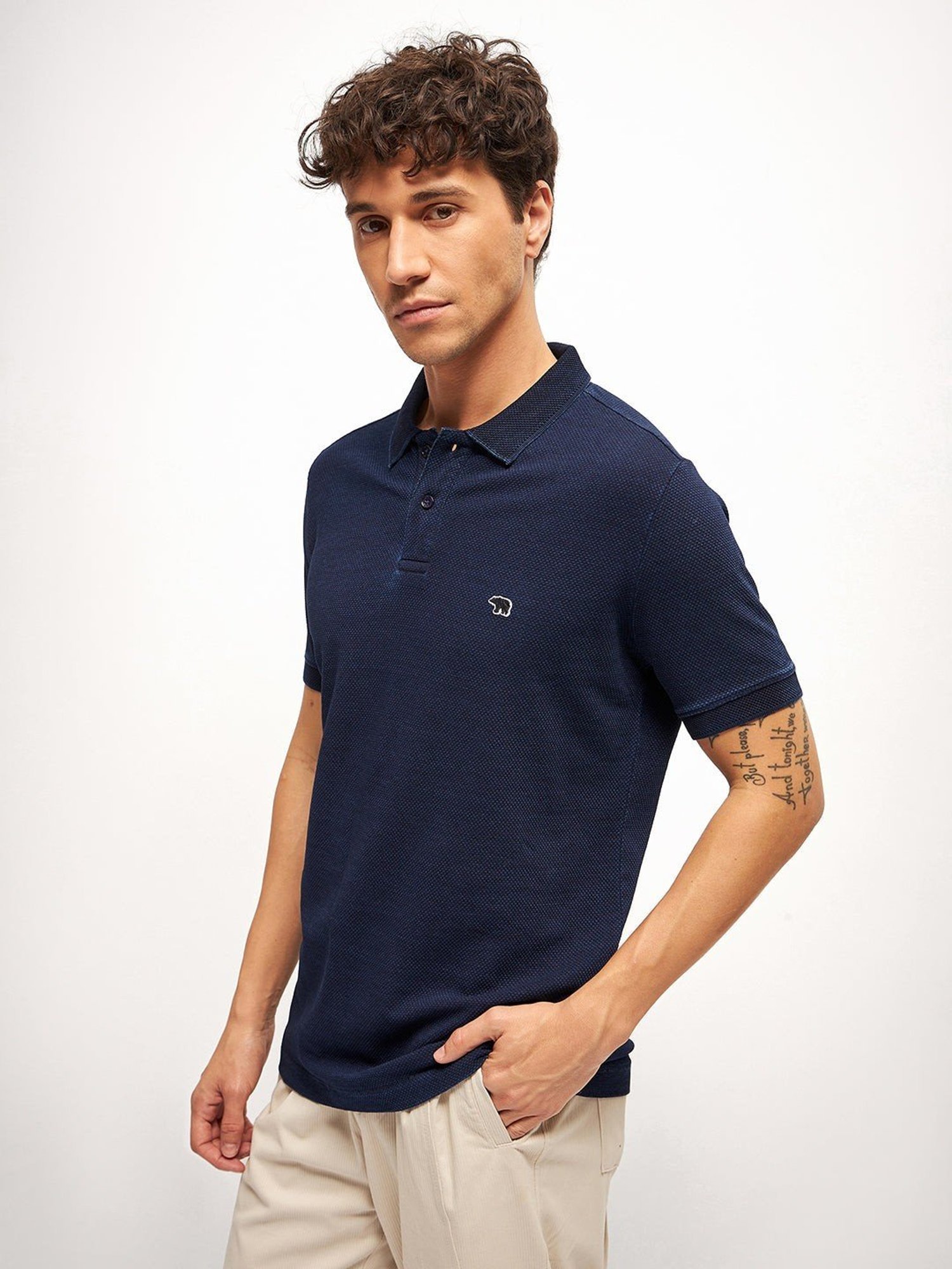 The Bear House Blue Cotton Regular Fit Self Pattern Polo T-Shirt