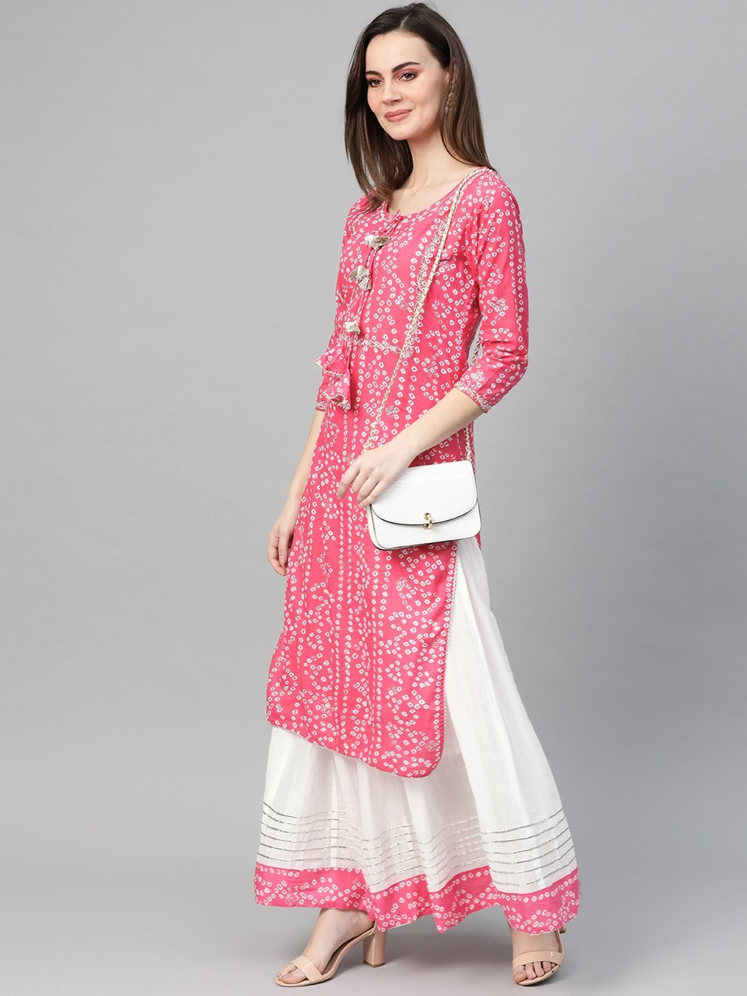 Ishin Pink & White Cotton Printed Kurta Skirt Set