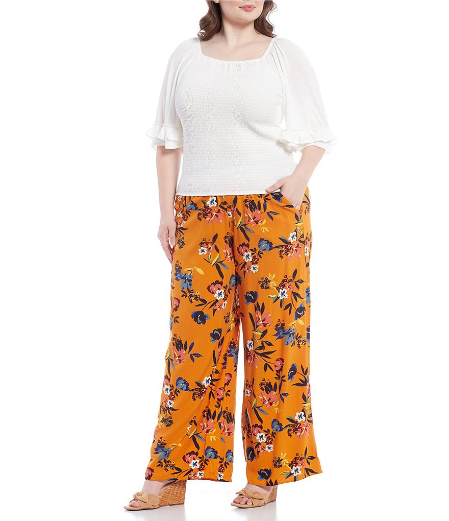 Jessica Simpson Plus Size Sylvia Square Neck Ruffle Bell Short Sleeve Smocked Top