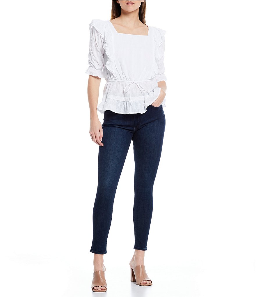 Sugarlips Square Neck Pompom Lace Trim Short Sleeve Tie-Waist Peplum Ruffle Blouse