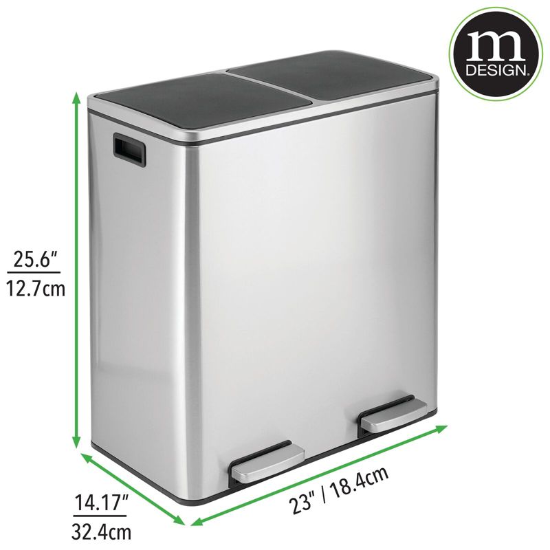 mDesign Divided Large Metal Step Trash Can Garbage, 60 Liter - Brushed