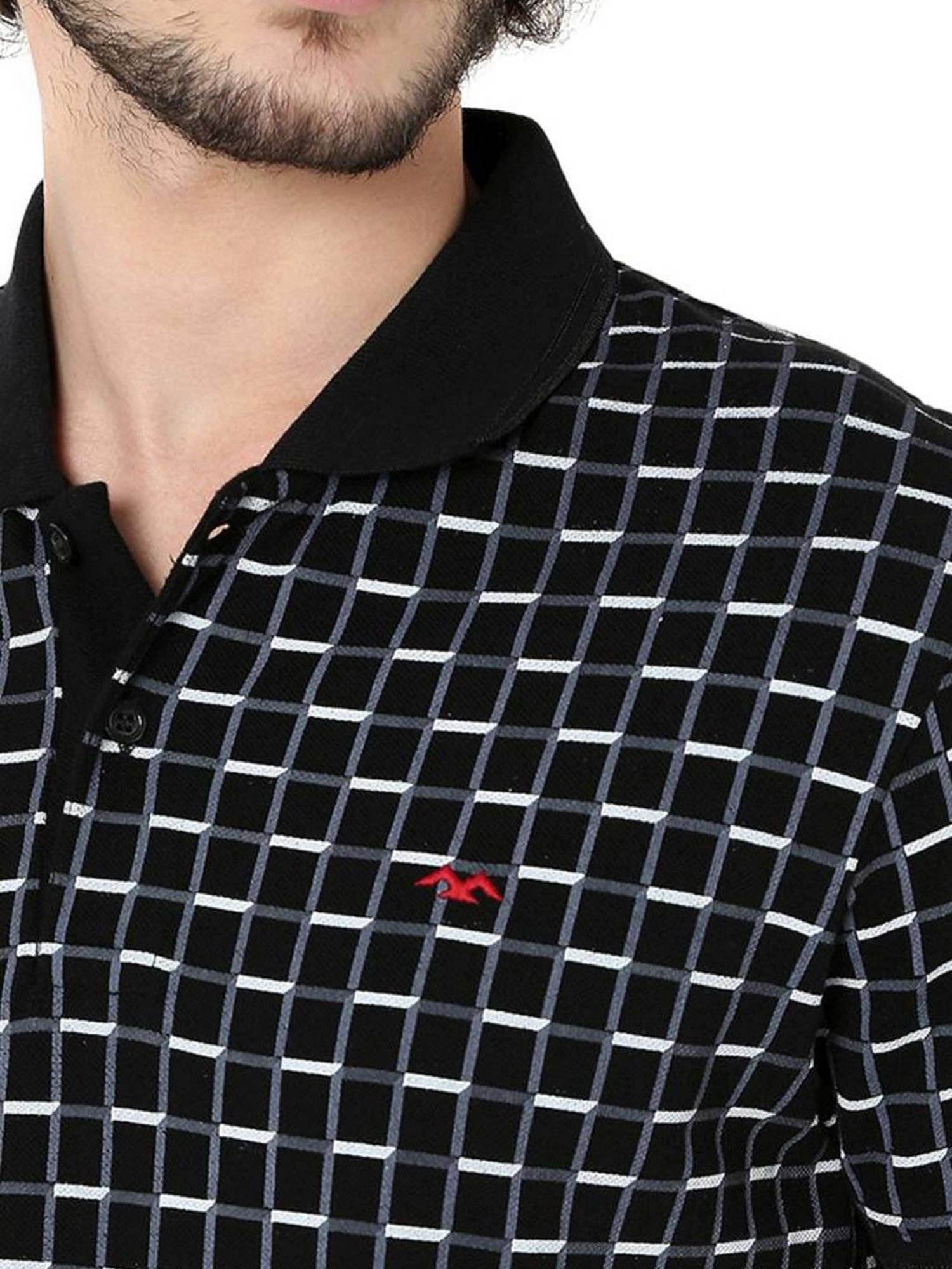 Mufti Black Cotton Slim Fit Checks Polo T-Shirt