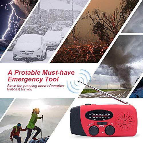 Upgraded Version  IS088+ 1000mAh Solar Hand Crank Radio AMFMNOAAWB Weather Emergency Radio Dynamo LED Flashlight Power Bank for iPhoneAndroid Smart Phone Red