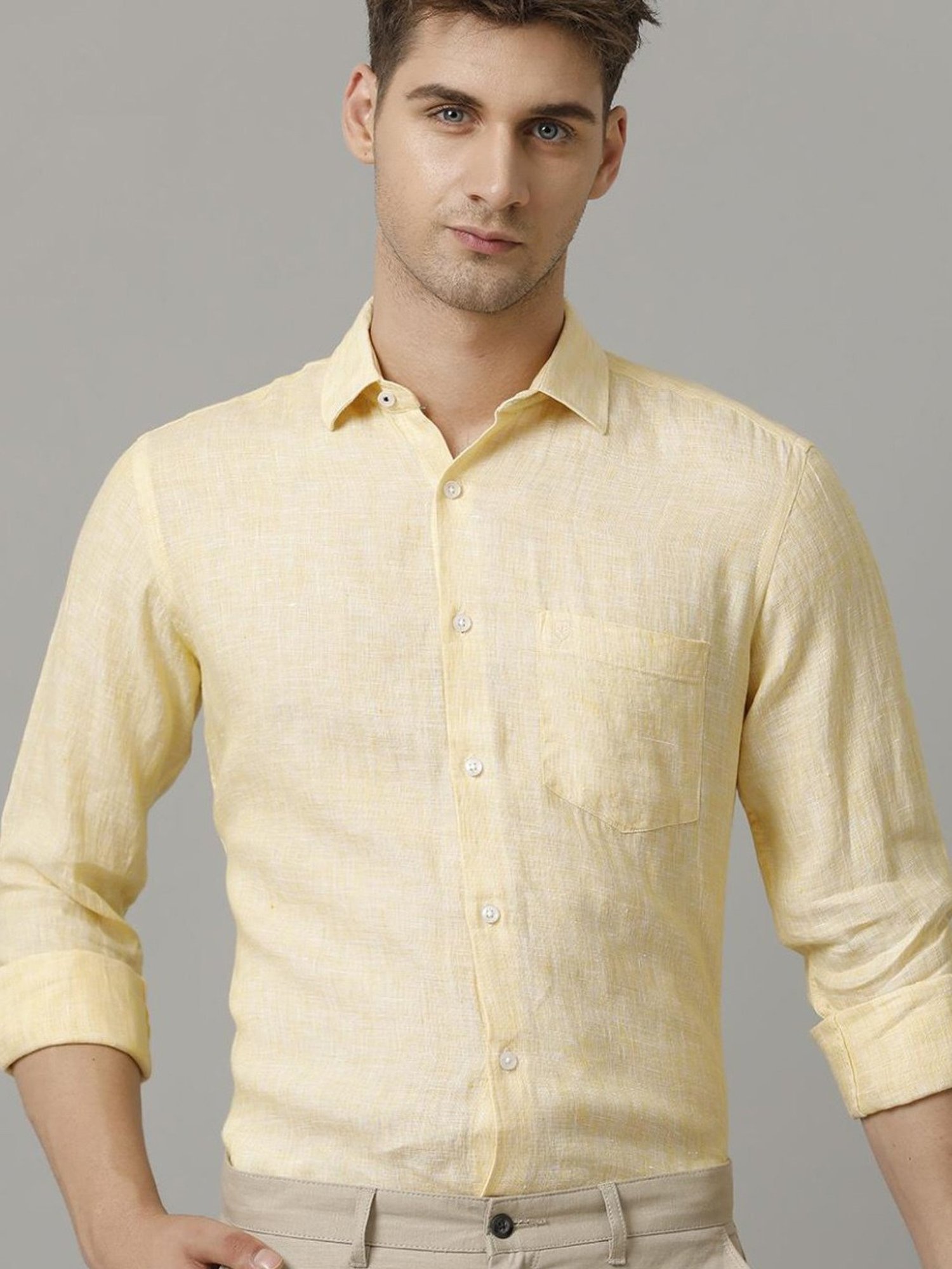 Linen Club Yellow Linen Contemporary Fit Shirt