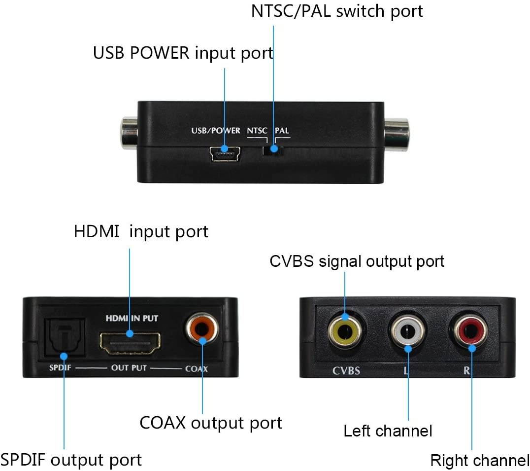 HDMI to AV and Audio Converter Support SPDIF Coaxial Audio NTSC PAL Composite Video HDMI to 3RCA Adapter for TV/PC/PS3/Blue-ray DVD 1080p