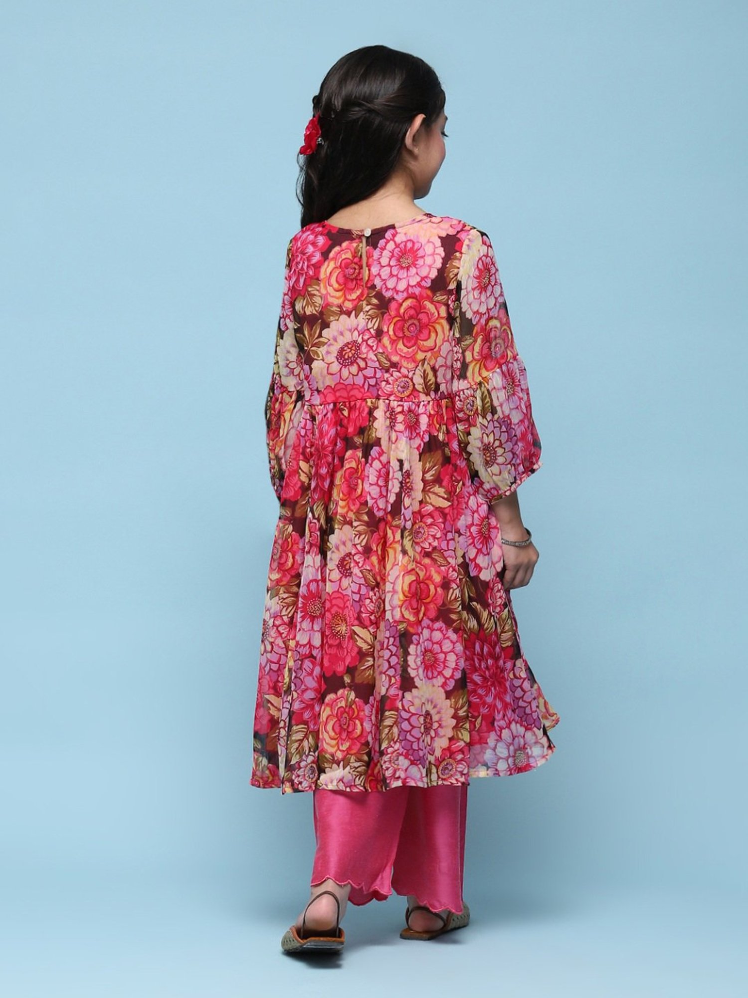 BIBA Girls Kids Pink Floral Print Kurta Set