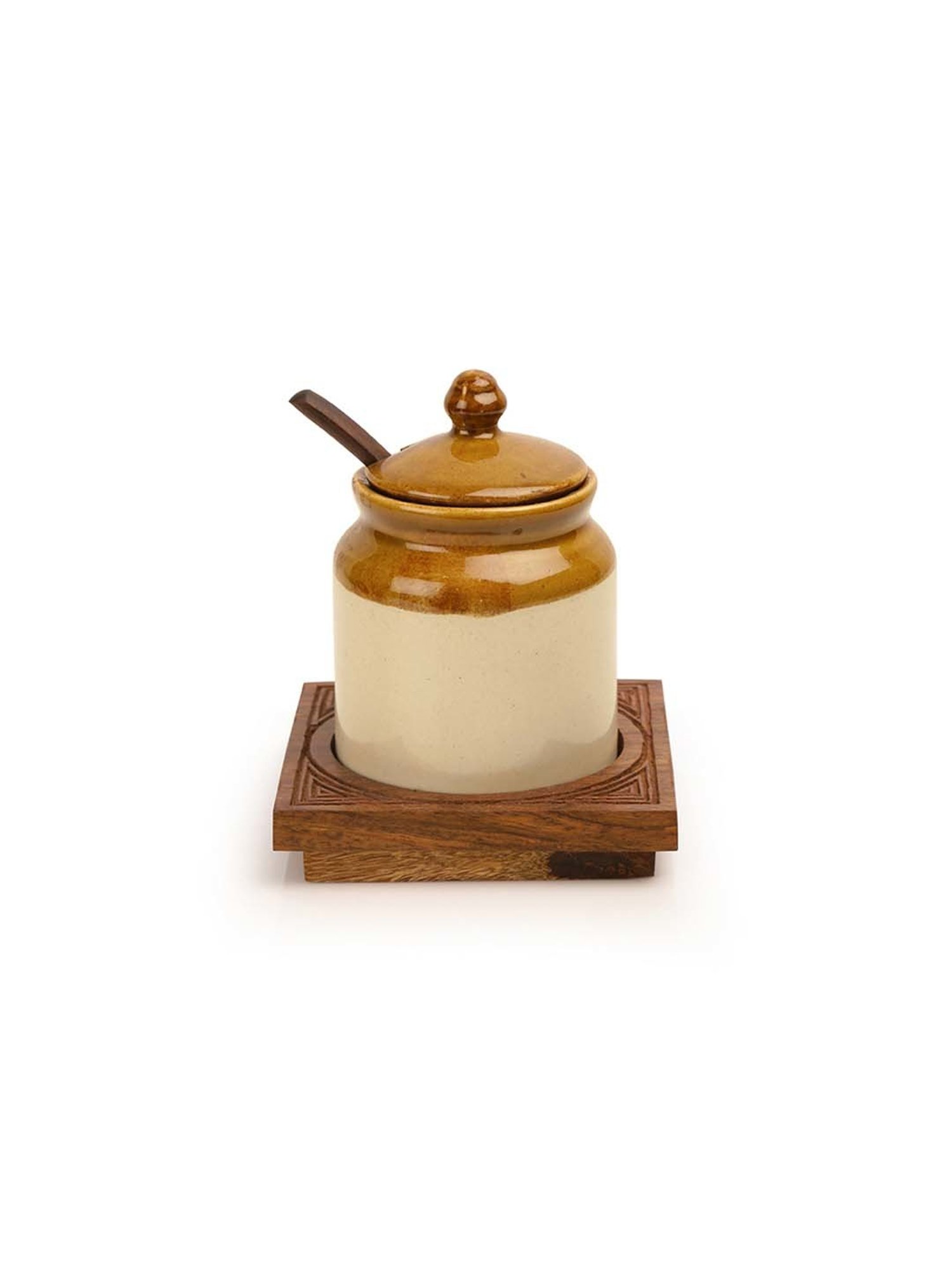 ExclusiveLane Old Fashioned Ceramic Jar With Hand Carved Tray