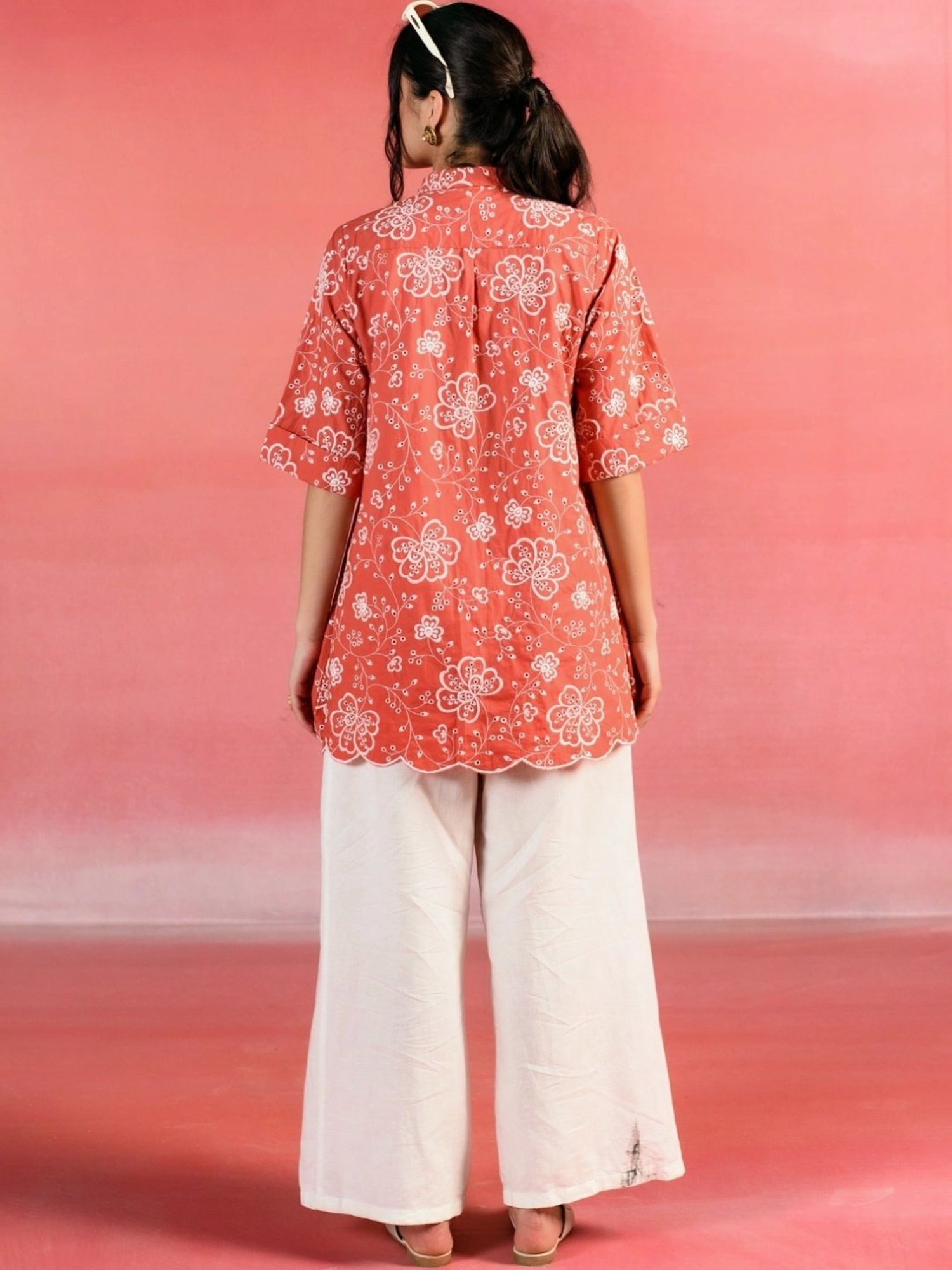 Kameez by Pooja Scarlet Red Floral Embroidered Poplin Shirt