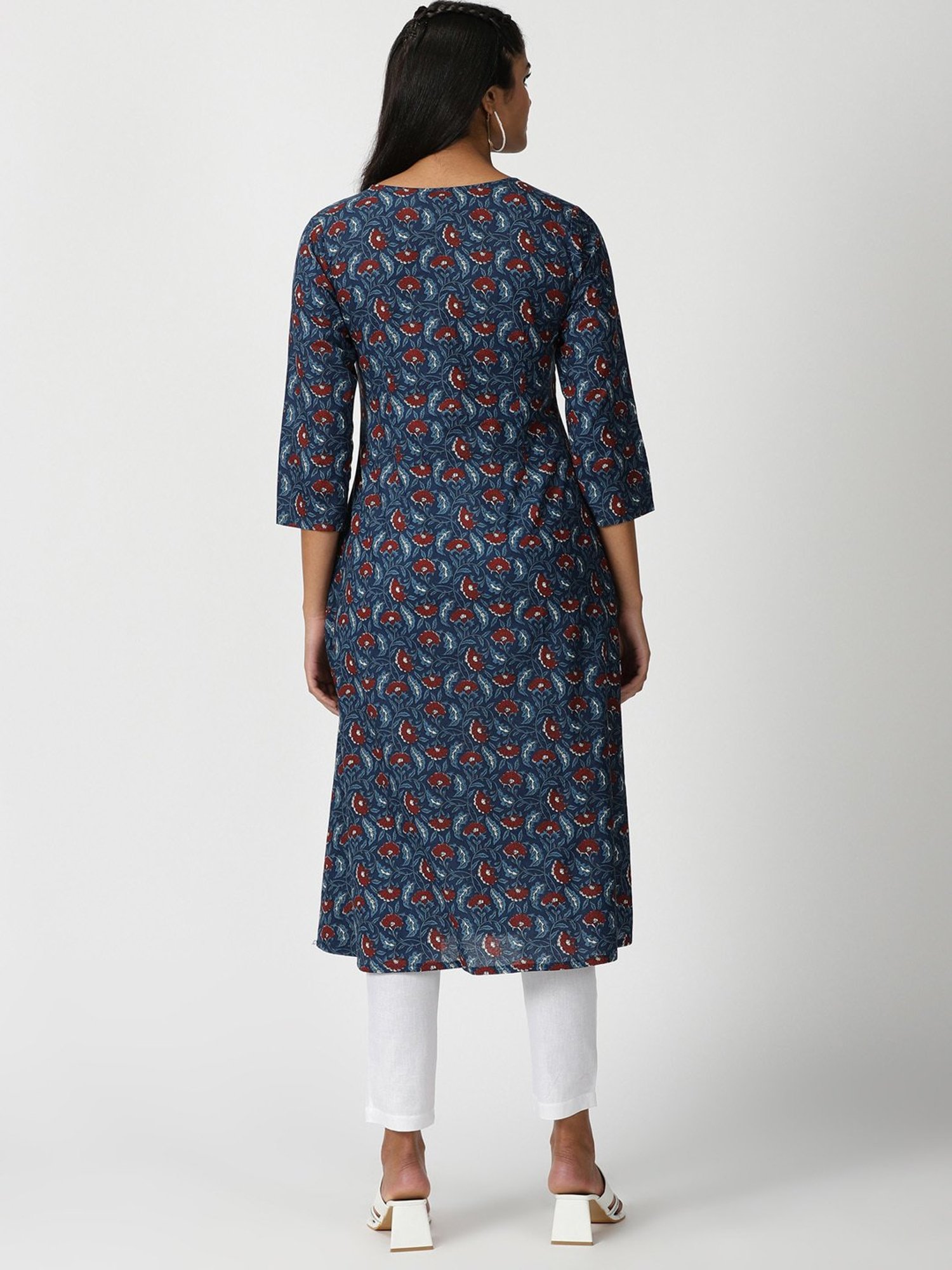 Saffron Threads Blue Cotton Embroidered A Line Kurta