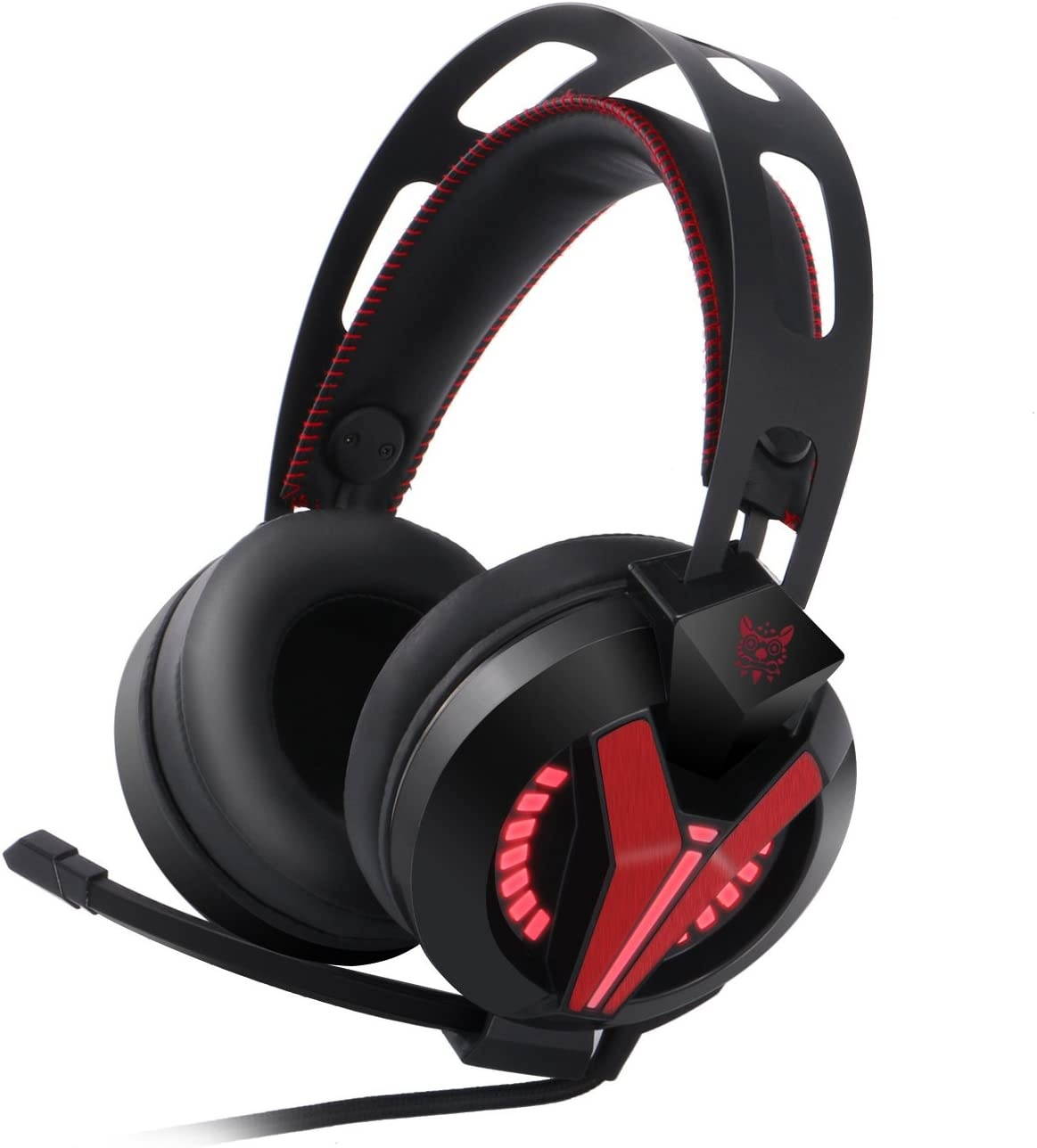 ONIKUMA M180 3.5mm Stereo Gaming Headset Over Ear Headphones with Retractable Microphone Volume Control Noise Canceling & LED Lights for PC (Black Red)