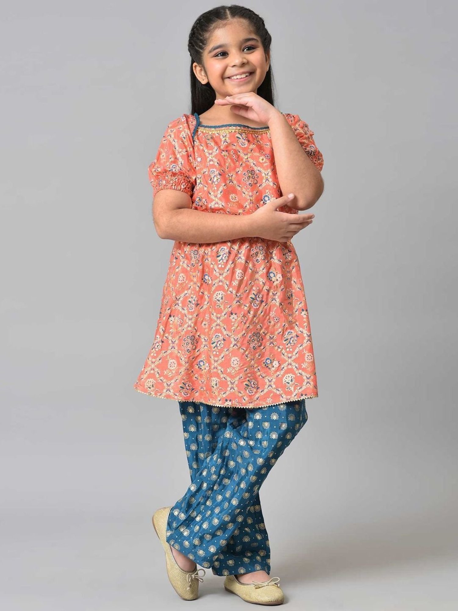 Aurelia Kids Peach & Blue Floral Print Kurta Set