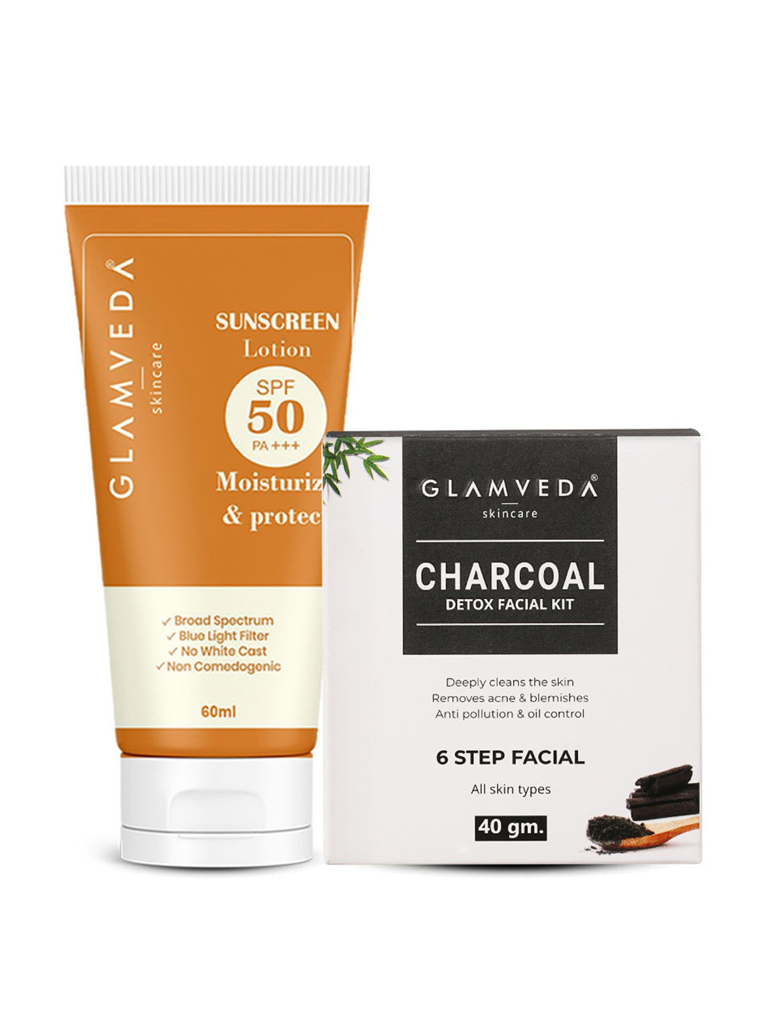 Glamveda Charcoal Detox & Anti Pollution Facial Kit & Hybrid Sunscreen Lotion SPF 50 PA+++ Combo