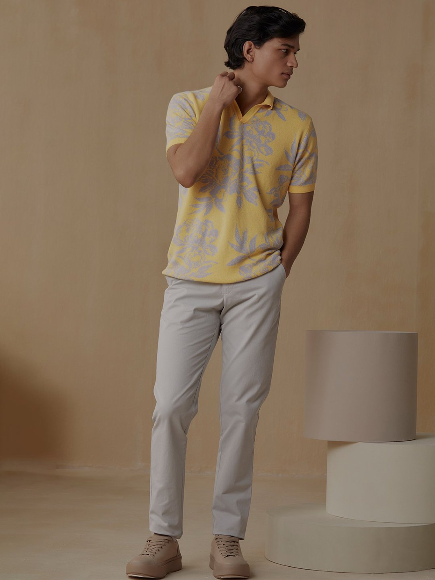 ANDAMEN Yellow Regular Fit Printed Cotton Polo T-Shirt