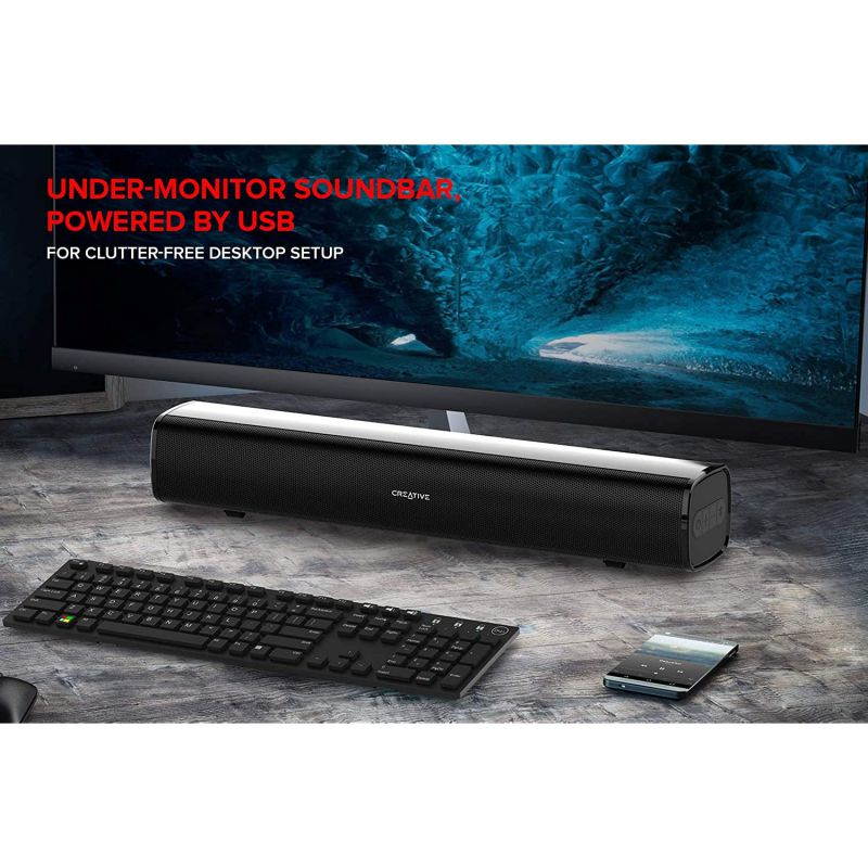 Creative Stage Air Portable and Compact Under-Monitor USB-Powered Soundbar for Computer, with Dual-Driver and Passive Radiator for Big Bass, Bluetooth and AUX-in, USB MP3, 6 Hours of Battery Life